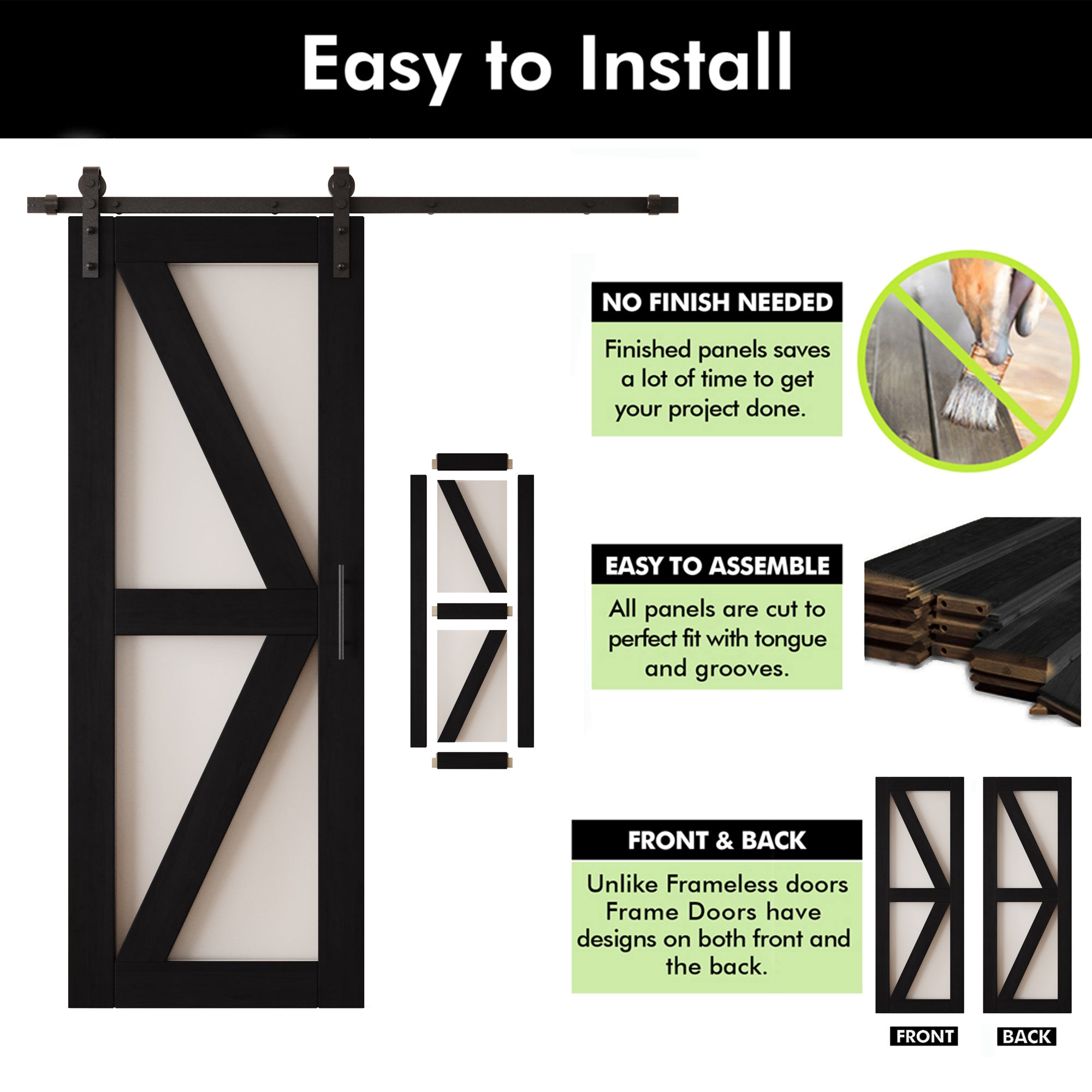 80" Height Black Arrow Pattern Glass Unassembled & Finished Pine Wood Barn Door with Non-Bypass Installation Hardware Kit (Interior Use Only)