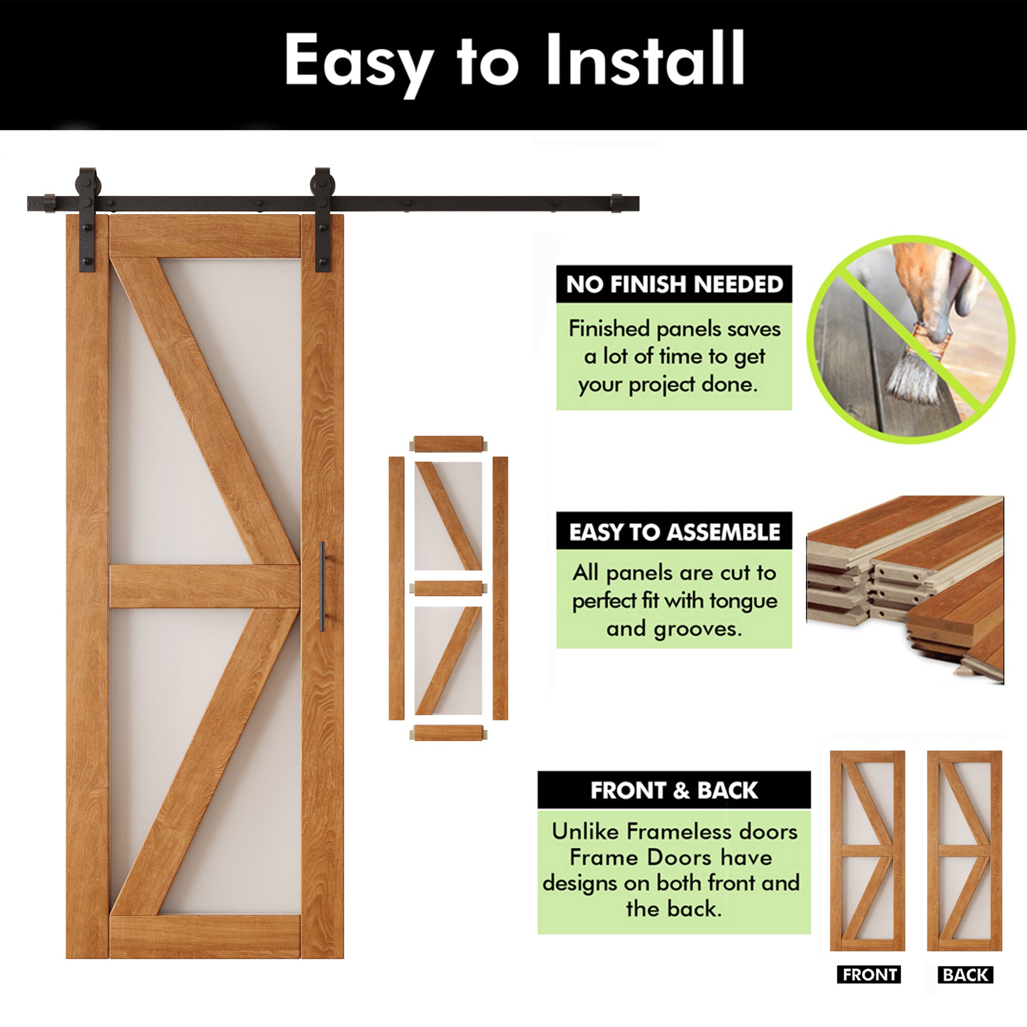 80" Height Early American Arrow Pattern Glass Unassembled & Finished Pine Wood Barn Door with Non-Bypass Installation Hardware Kit (Interior Use Only)