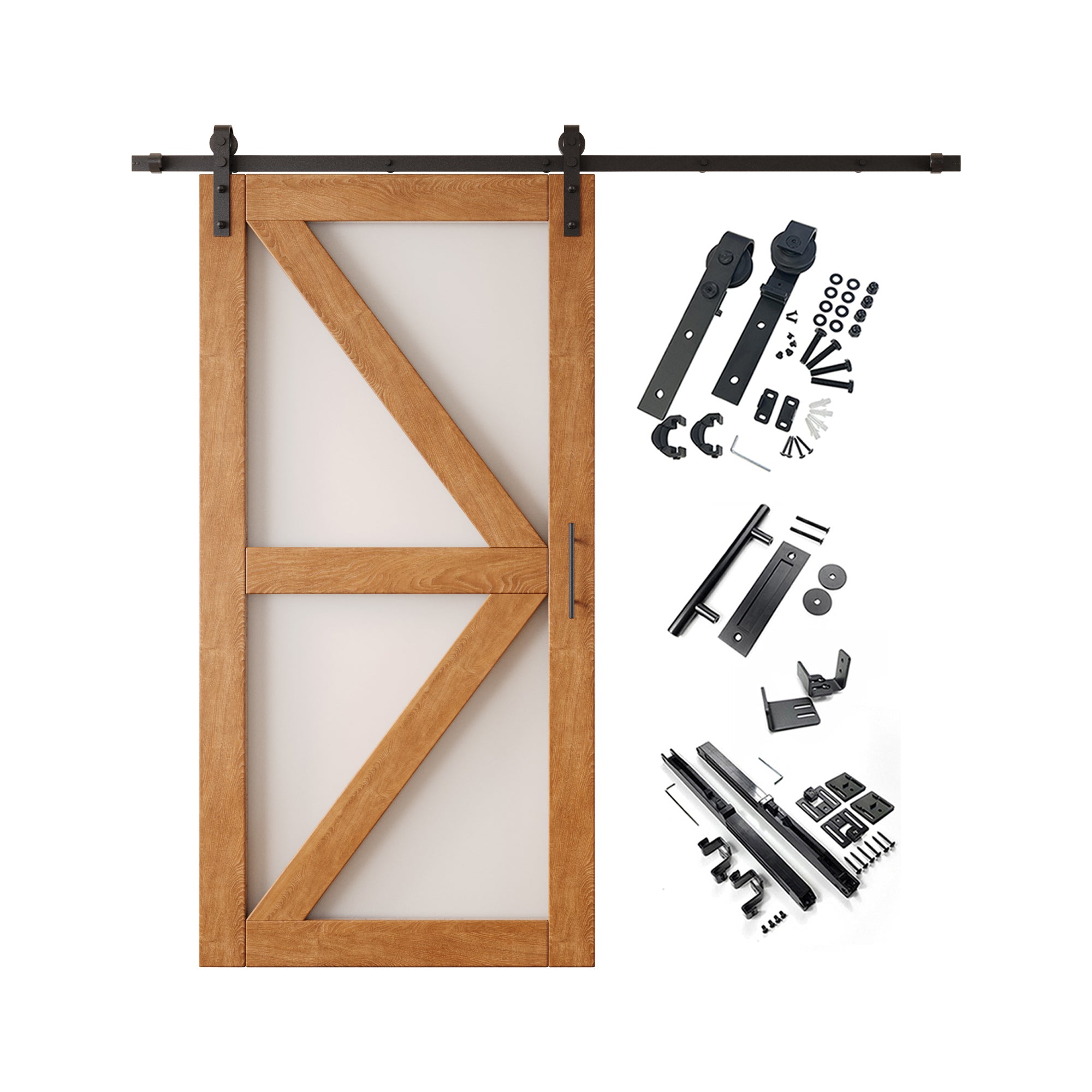80" Height Early American Frosted Glass Arrow Design Unassembled & Finished Pine Wood Barn Door with Non-Bypass Installation Hardware Kit (Interior Use Only)