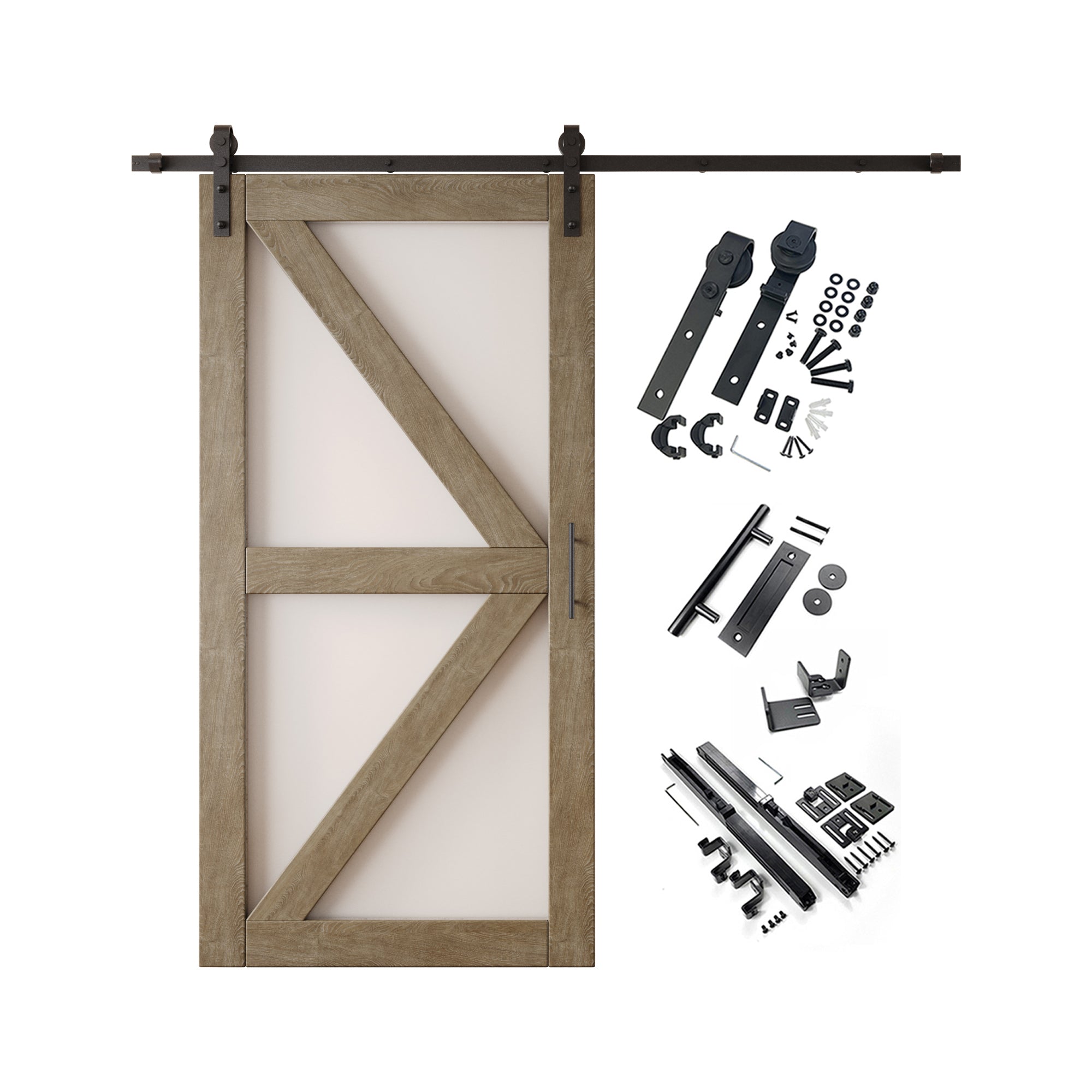80" Height Classic Gray Frosted Glass Arrow Design Unassembled & Finished Pine Wood Barn Door with Non-Bypass Installation Hardware Kit (Interior Use Only)