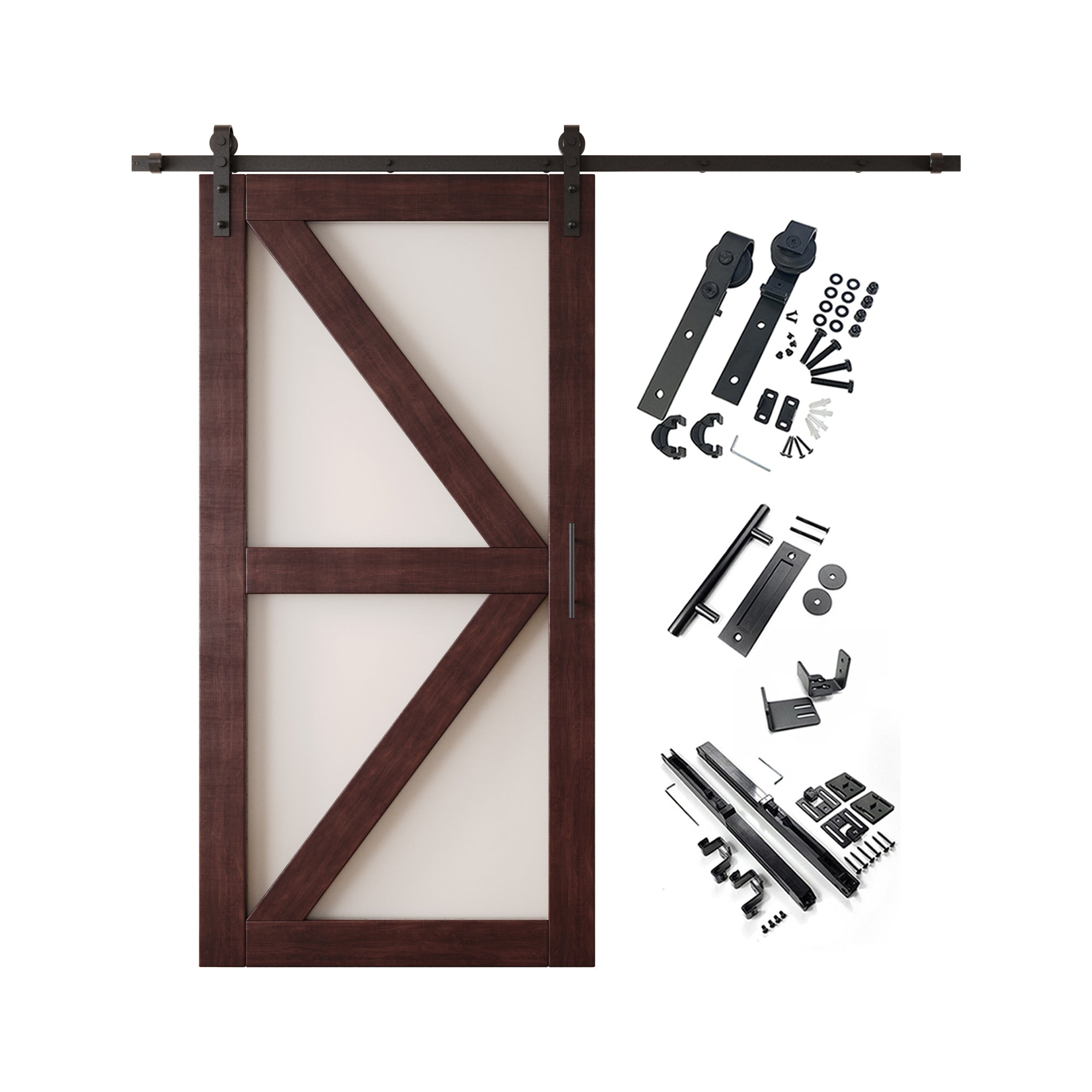 80" Height Red Mahogany Frosted Glass Arrow Design Unassembled & Finished Pine Wood Barn Door with Non-Bypass Installation Hardware Kit (Interior Use Only)