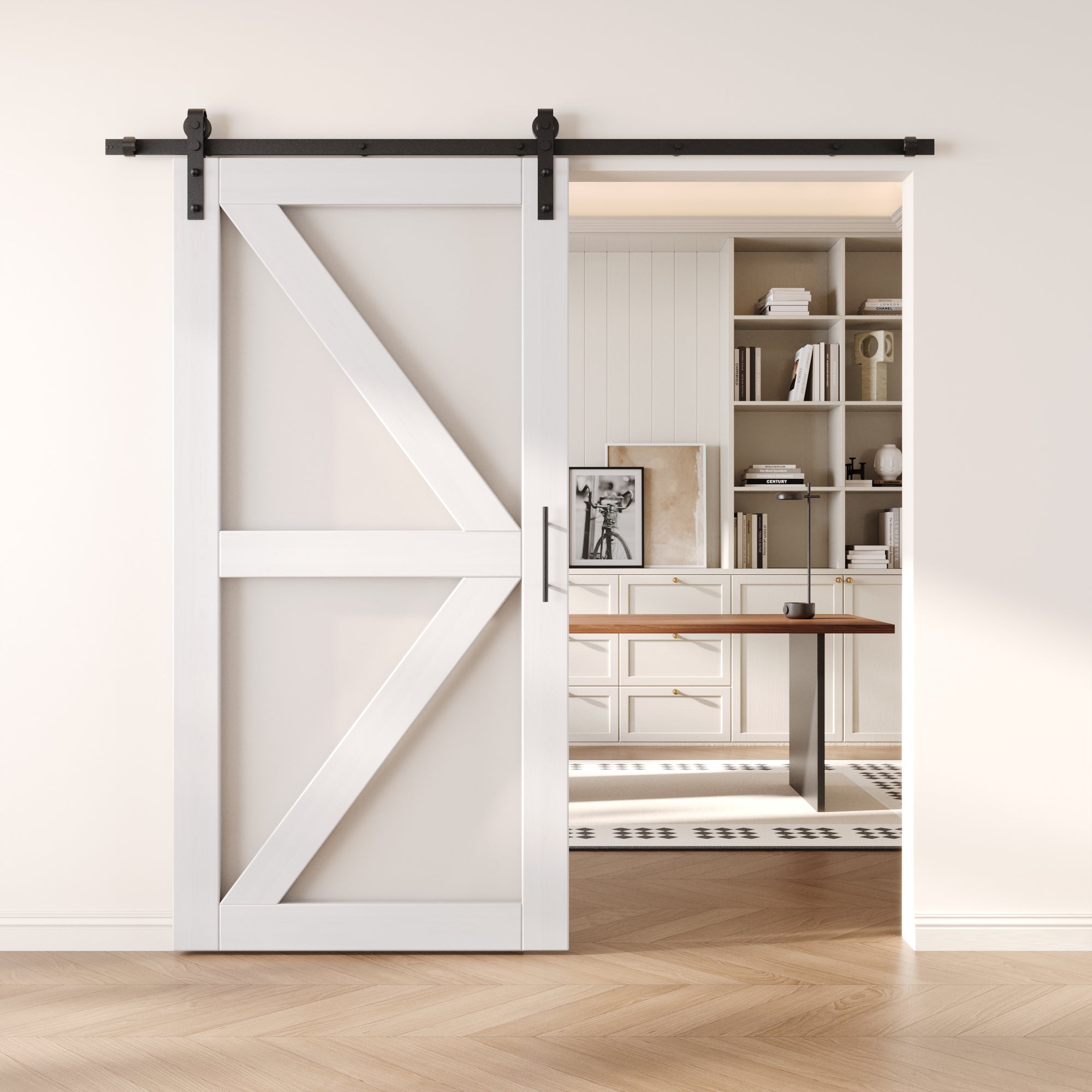 80" Height White Frosted Glass Arrow Design Unassembled & Finished Pine Wood Barn Door with Non-Bypass Installation Hardware Kit (Interior Use Only)