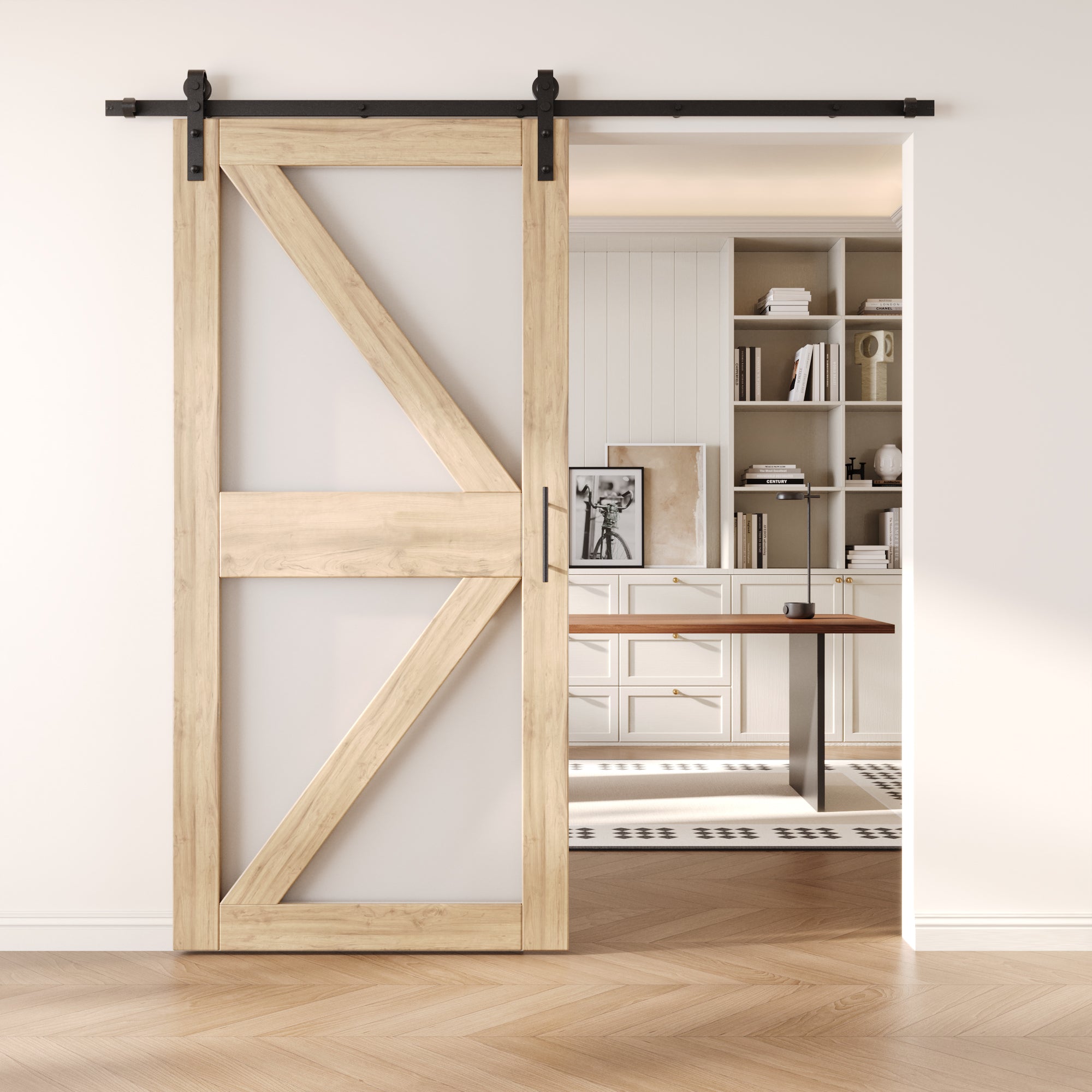 84" Height Frosted Glass Arrow Design Unassembled & Unfinished Pine Wood Barn Door with Non-Bypass Installation Hardware Kit (Interior Use Only)