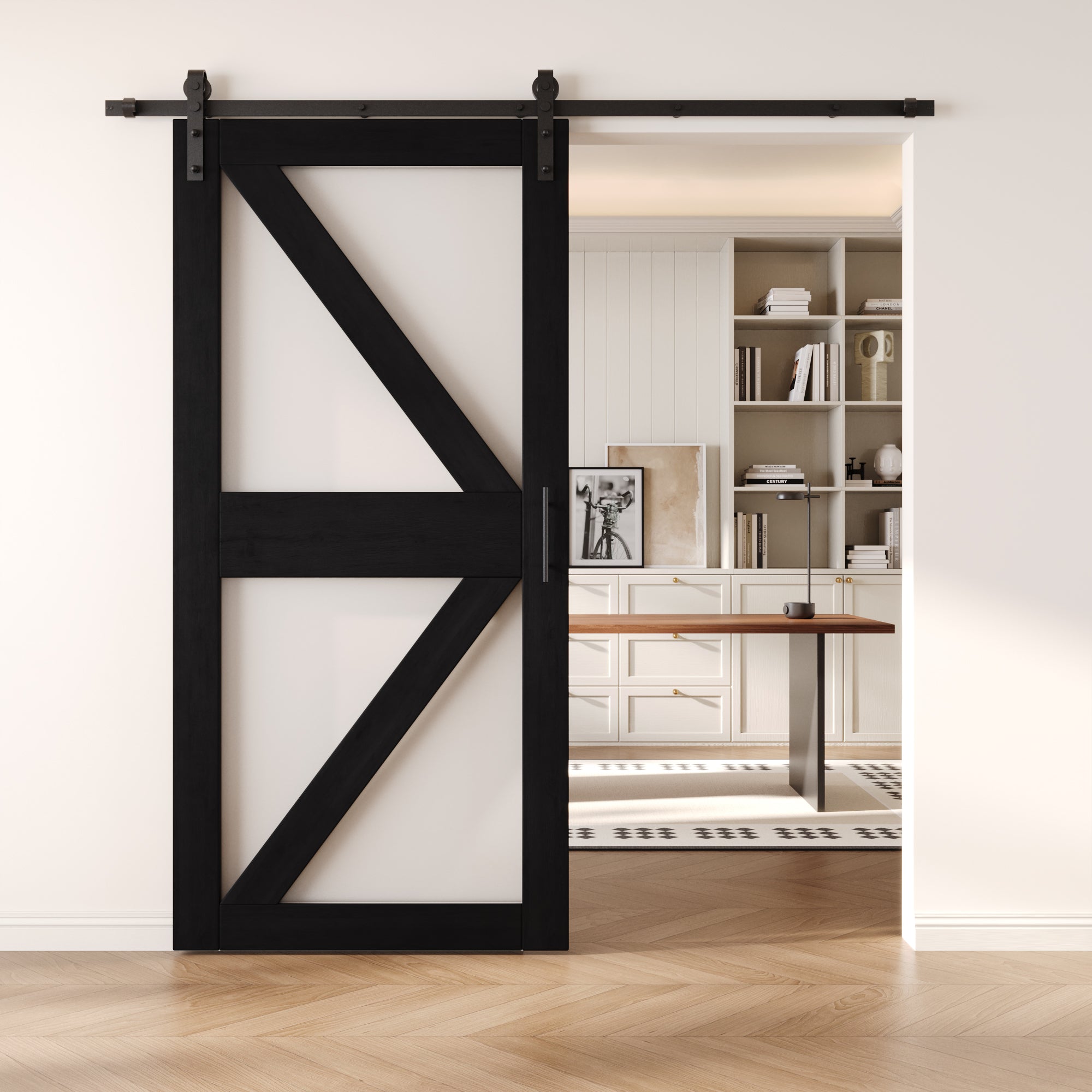 84" Height Black Frosted Glass Arrow Design Unassembled & Finished Pine Wood Barn Door with Non-Bypass Installation Hardware Kit (Interior Use Only)