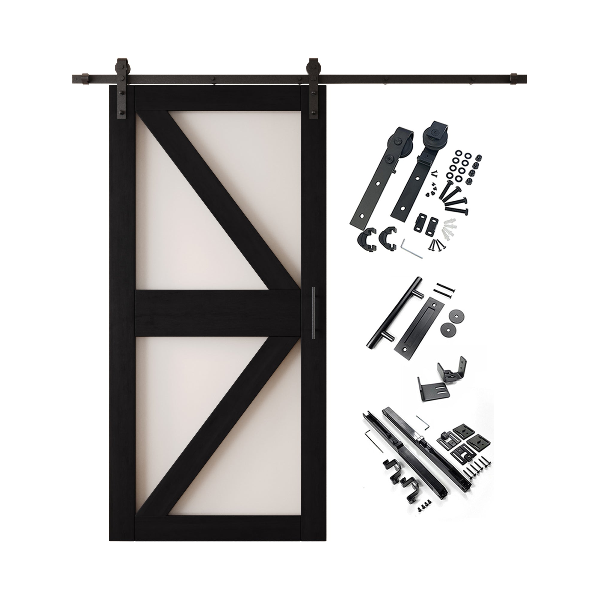 84" Height Black Frosted Glass Arrow Design Unassembled & Finished Pine Wood Barn Door with Non-Bypass Installation Hardware Kit (Interior Use Only)