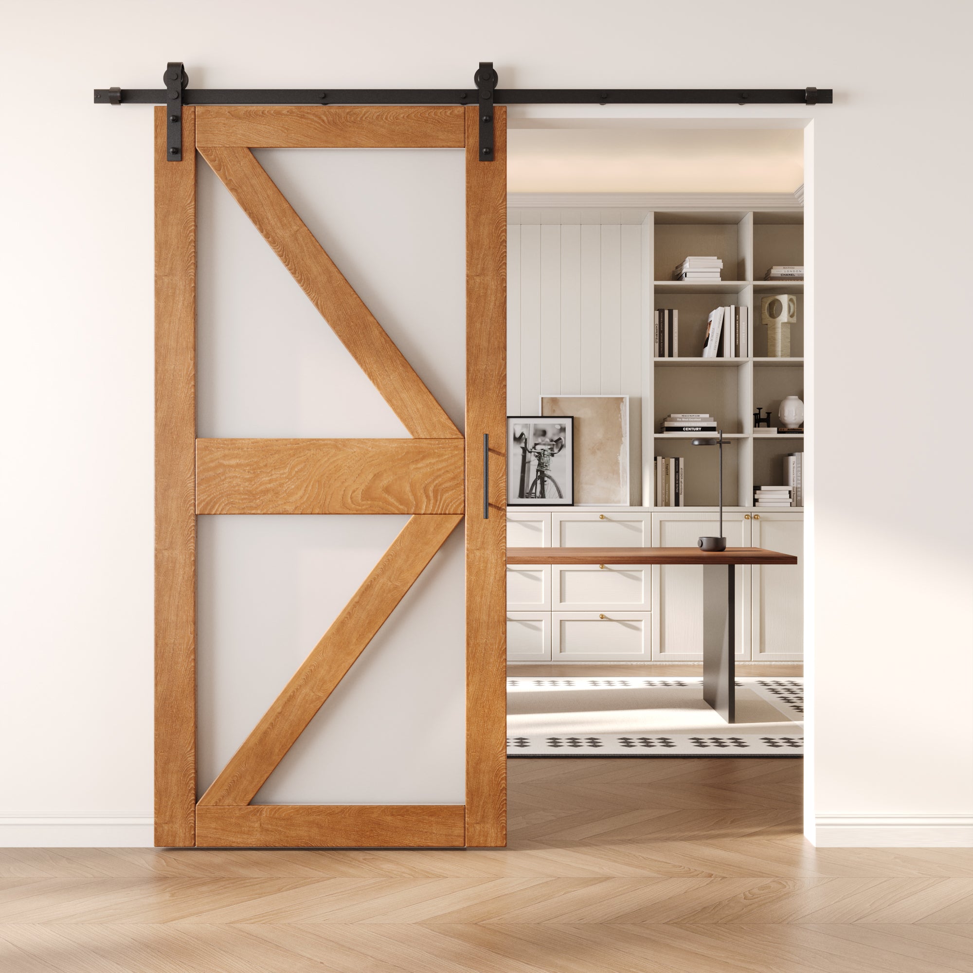 84" Height Early American Frosted Glass Arrow Design Unassembled & Finished Pine Wood Barn Door with Non-Bypass Installation Hardware Kit (Interior Use Only)