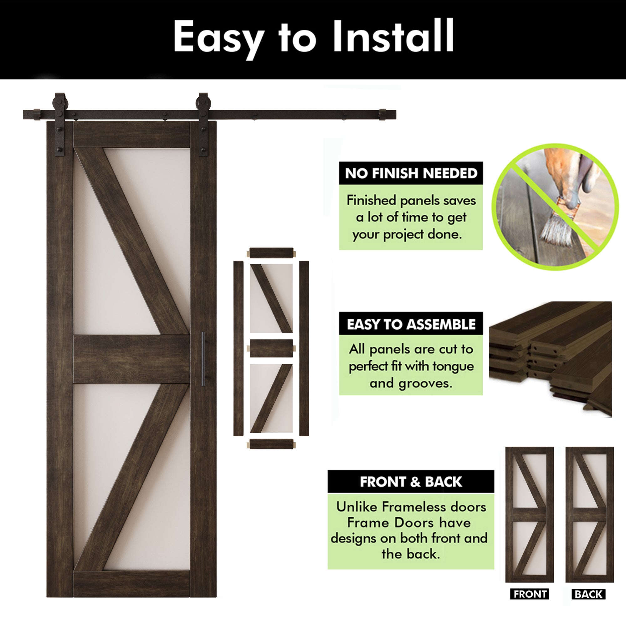 84" Height Ebony Arrow Pattern Glass Unassembled & Finished Pine Wood Barn Door with Non-Bypass Installation Hardware Kit (Interior Use Only)