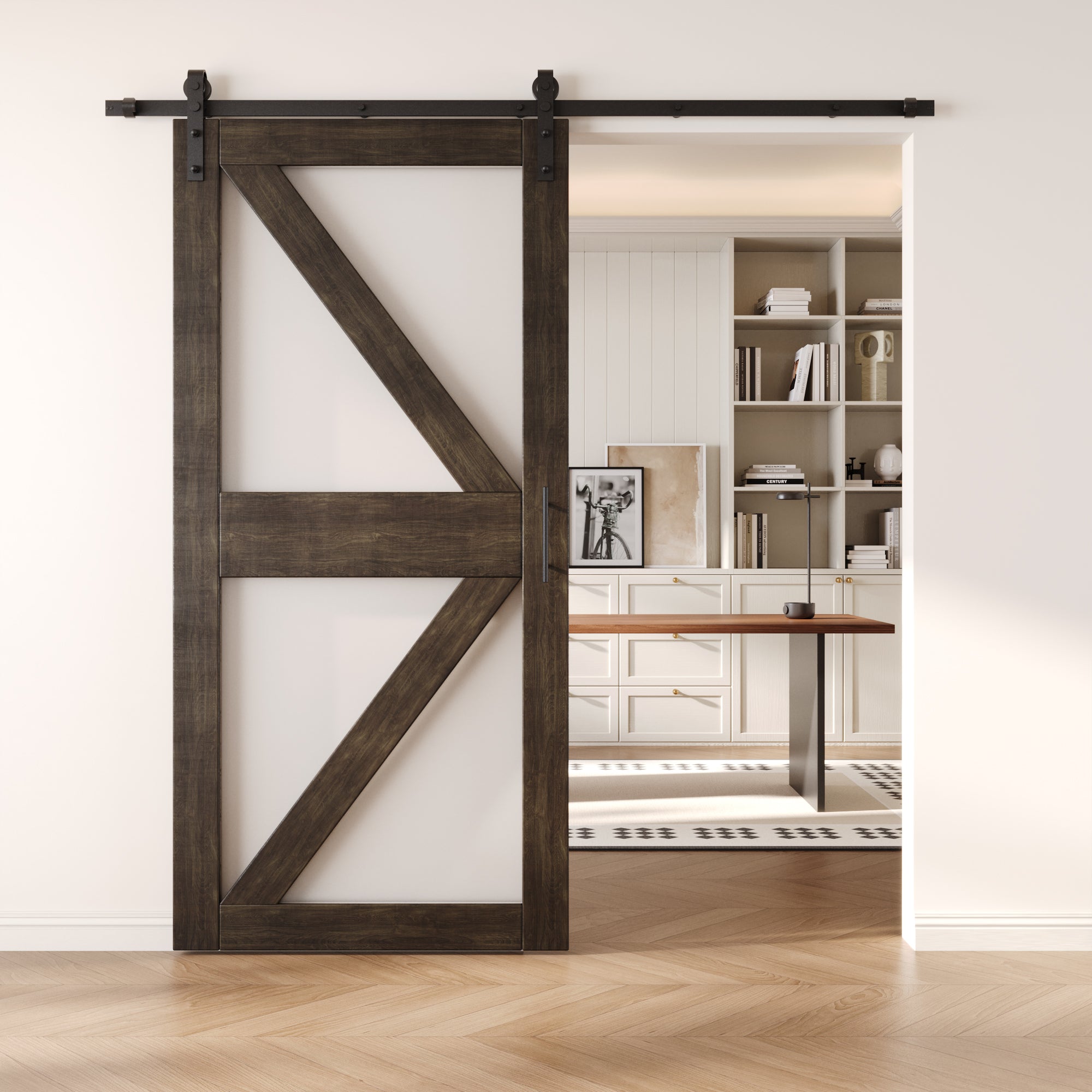 84" Height Ebony Frosted Glass Arrow Design Unassembled & Finished Pine Wood Barn Door with Non-Bypass Installation Hardware Kit (Interior Use Only)