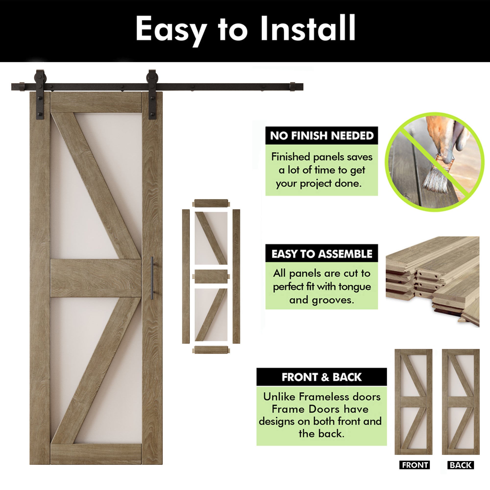 84" Height Classic Gray Arrow Pattern Glass Unassembled & Finished Pine Wood Barn Door with Non-Bypass Installation Hardware Kit (Interior Use Only)