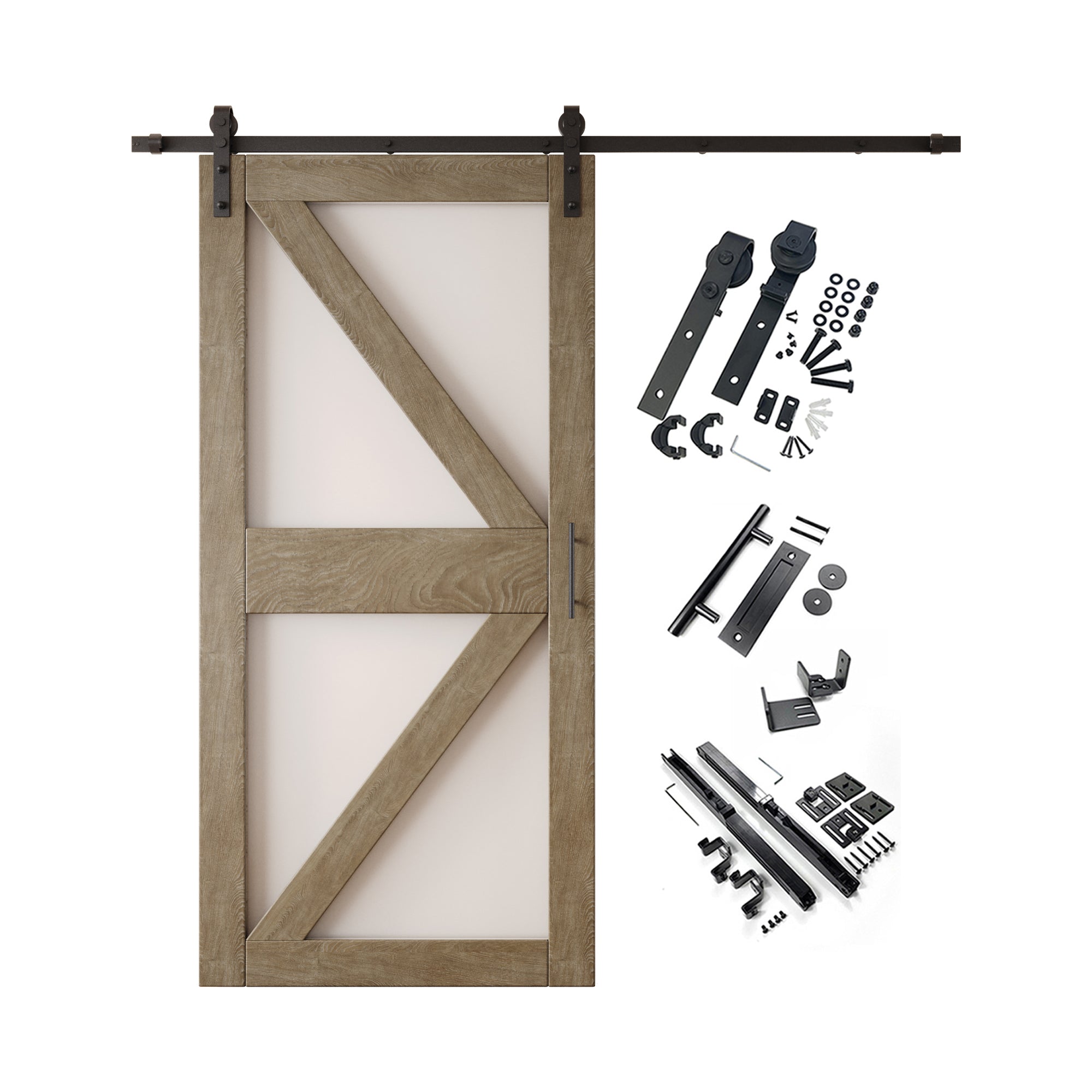 84" Height Classic Gray Frosted Glass Arrow Design Unassembled & Finished Pine Wood Barn Door with Non-Bypass Installation Hardware Kit (Interior Use Only)