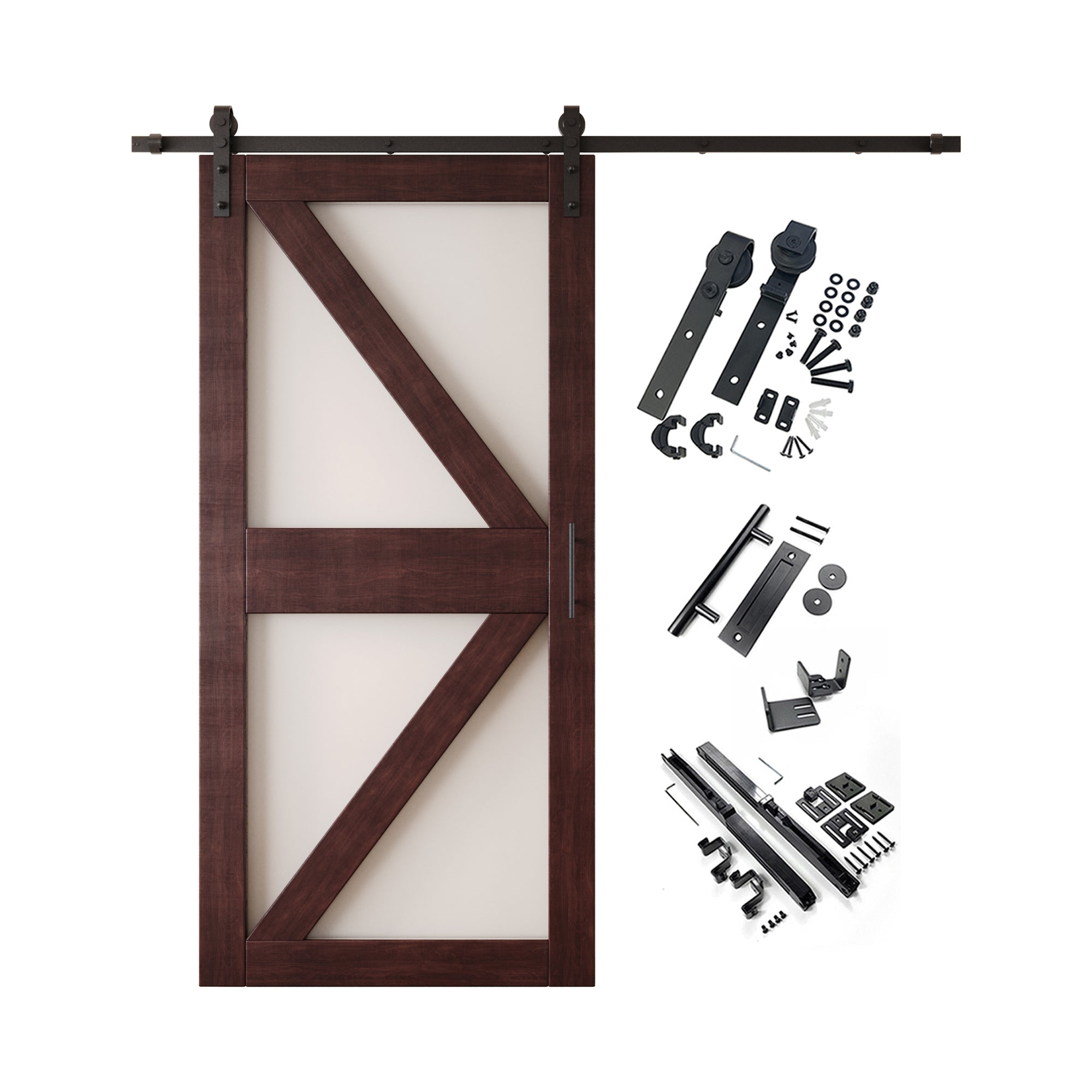 84" Height Red Mahogany Frosted Glass Arrow Design Unassembled & Finished Pine Wood Barn Door with Non-Bypass Installation Hardware Kit (Interior Use Only)