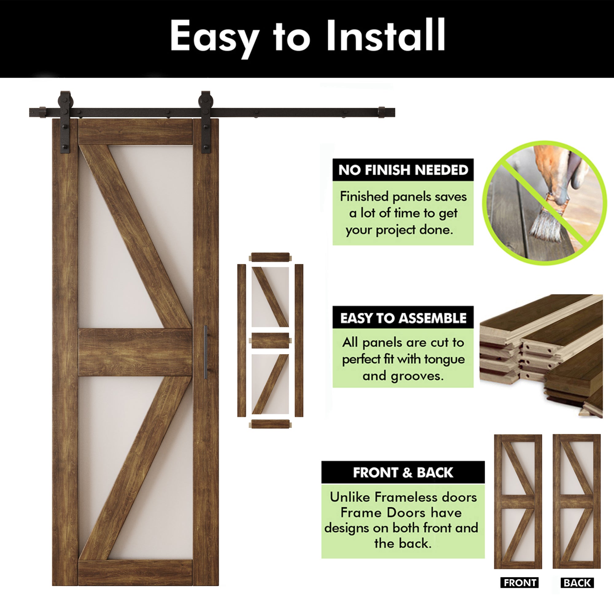 84" Height Dark Walnut Arrow Pattern Glass Unassembled & Finished Pine Wood Barn Door with Non-Bypass Installation Hardware Kit (Interior Use Only)