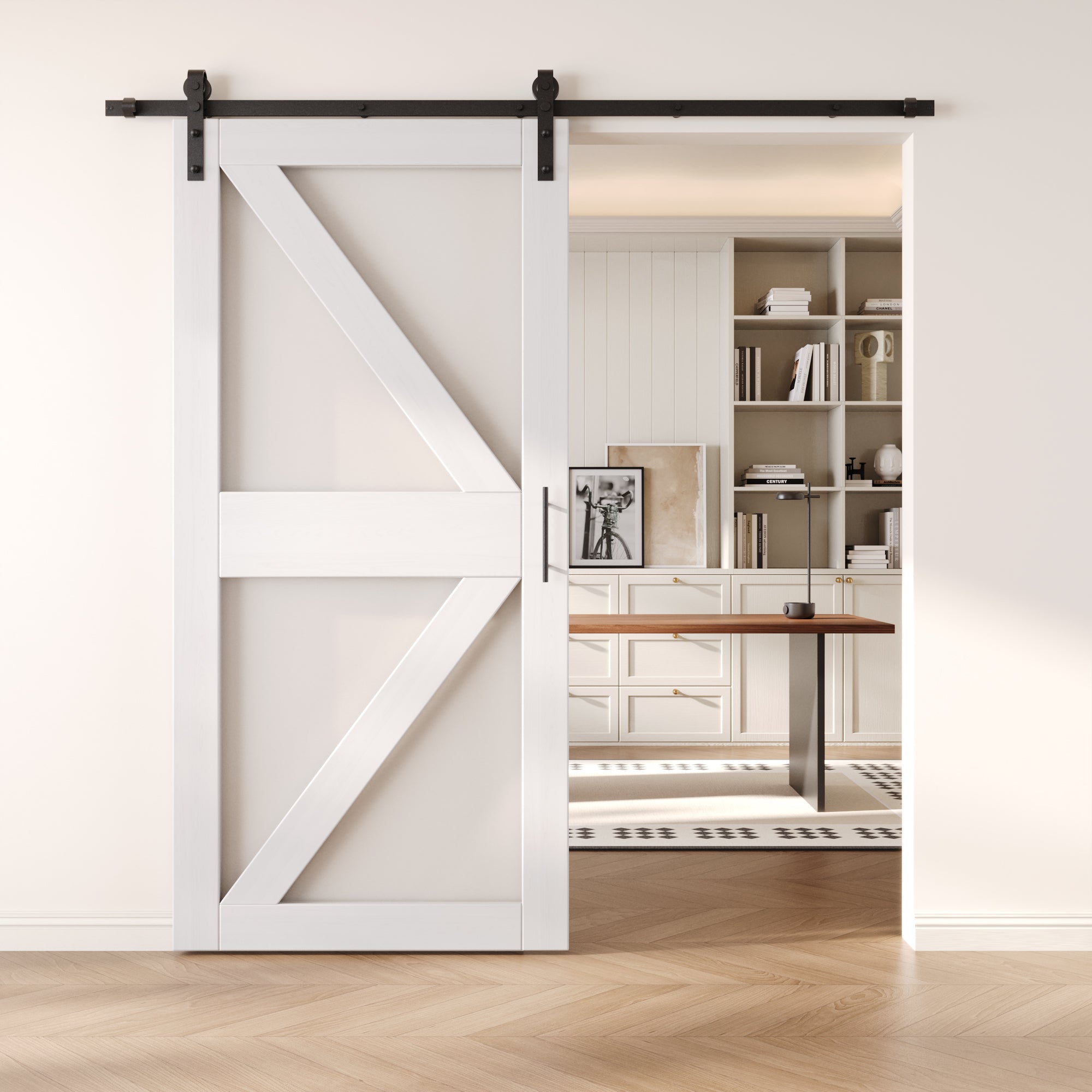 84" Height White Frosted Glass Arrow Design Unassembled & Finished Pine Wood Barn Door with Non-Bypass Installation Hardware Kit (Interior Use Only)