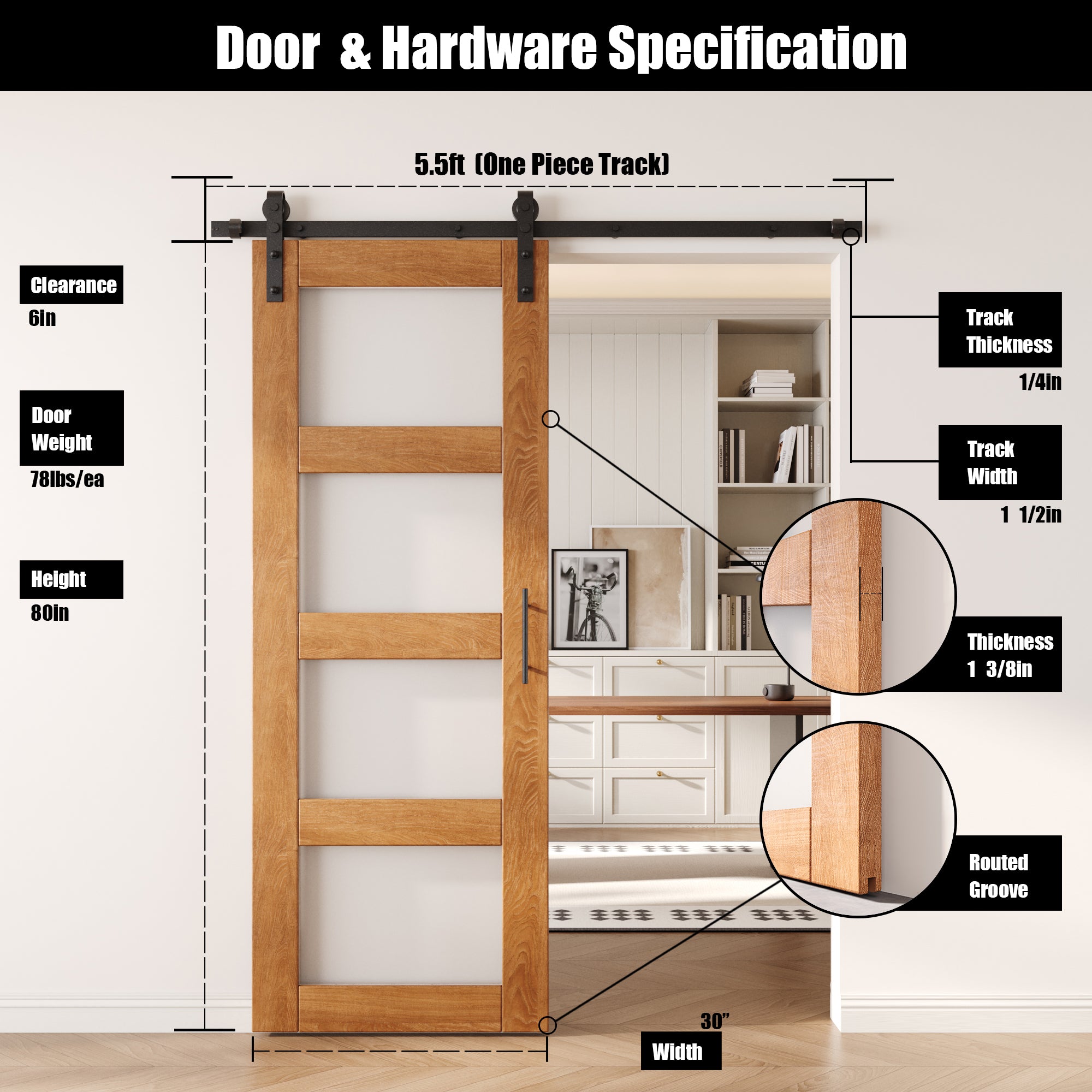 80" Height Early American 4-Lite Frosted Glass Unassembled & Finished Pine Wood Barn Door with Non-Bypass Installation Hardware Kit (Interior Use Only)