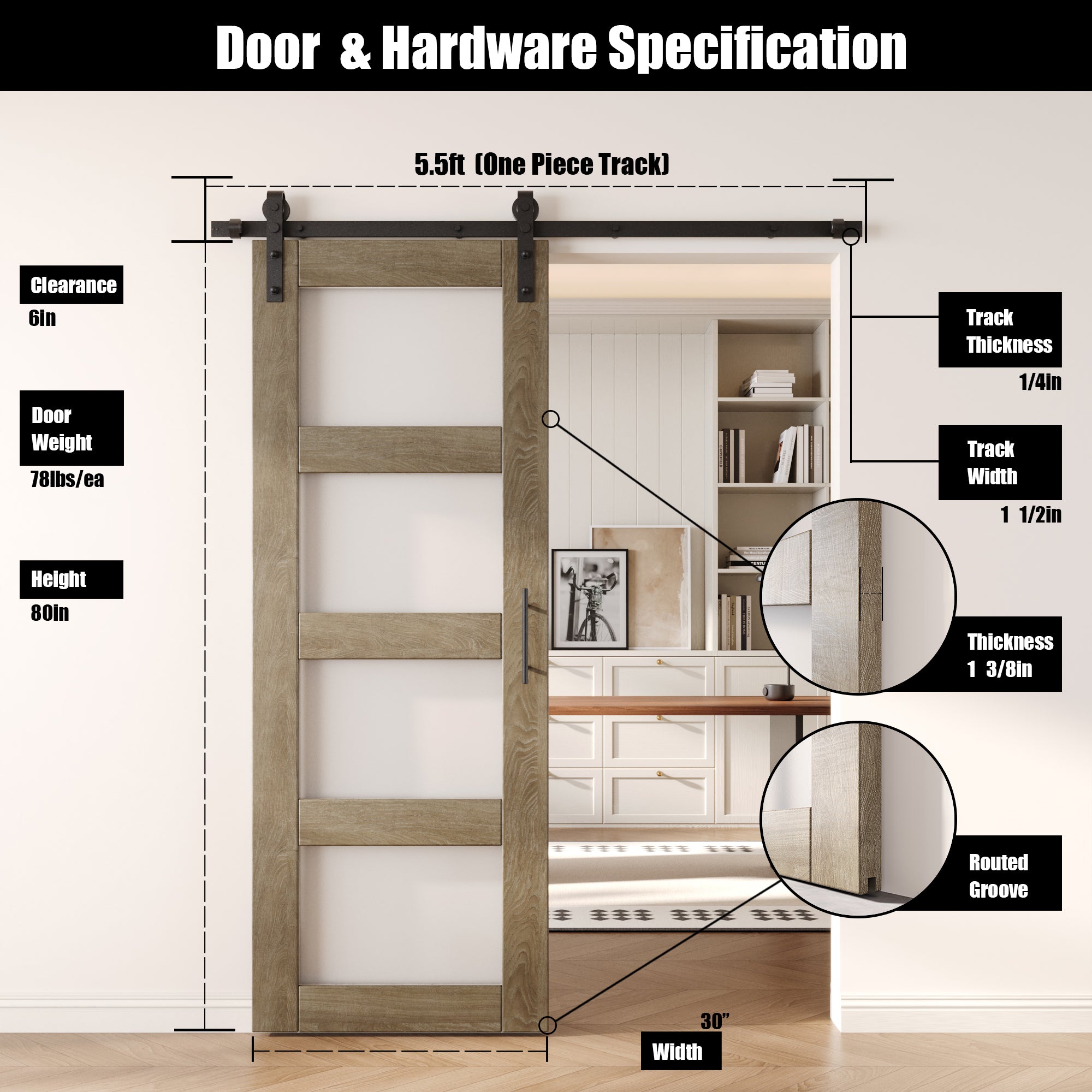 80" Height Classic Gray 4-Lite Frosted Glass Unassembled & Finished Pine Wood Barn Door with Non-Bypass Installation Hardware Kit (Interior Use Only)