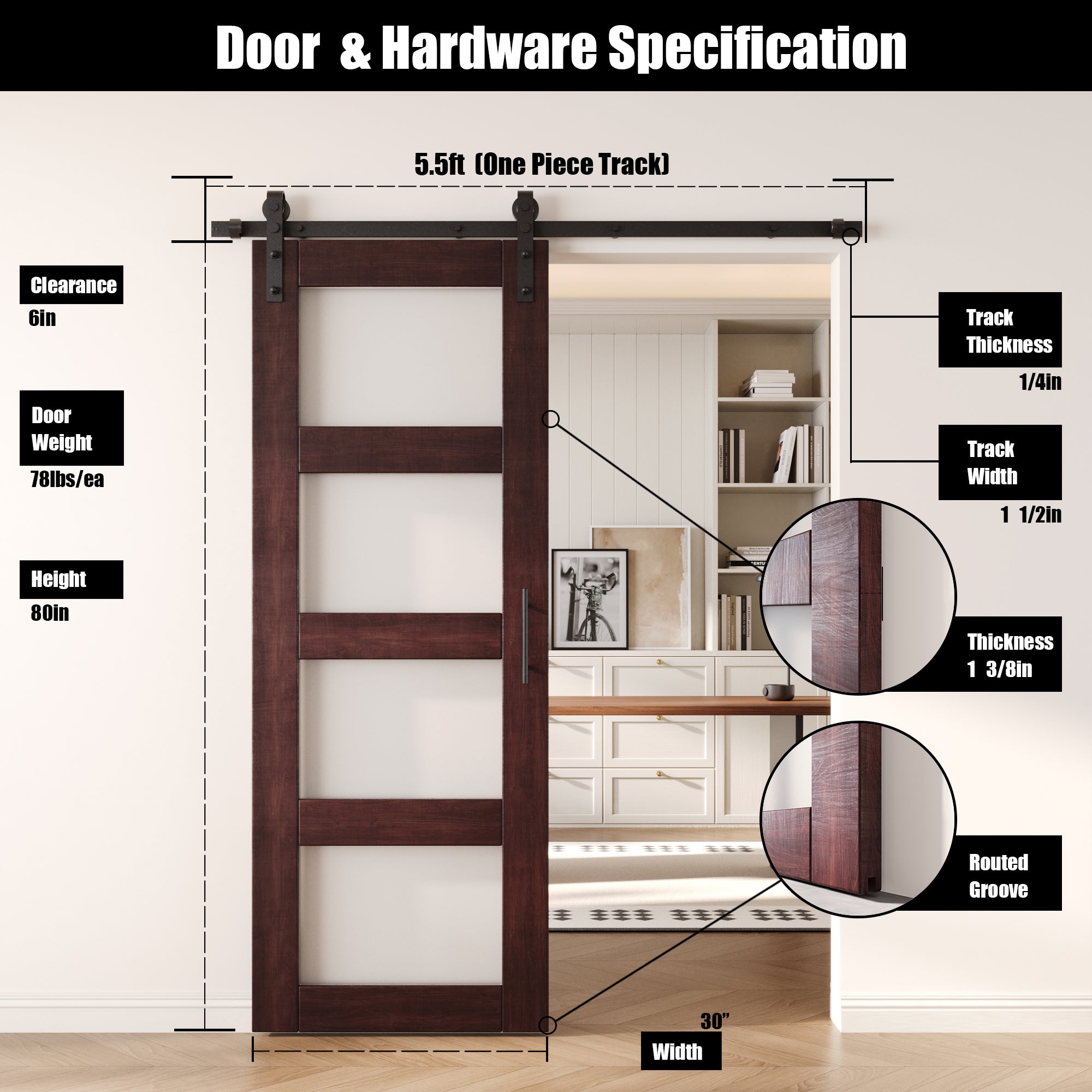 80" Height Red Mahogany 4-Lite Frosted Glass Unassembled & Finished Pine Wood Barn Door with Non-Bypass Installation Hardware Kit (Interior Use Only)