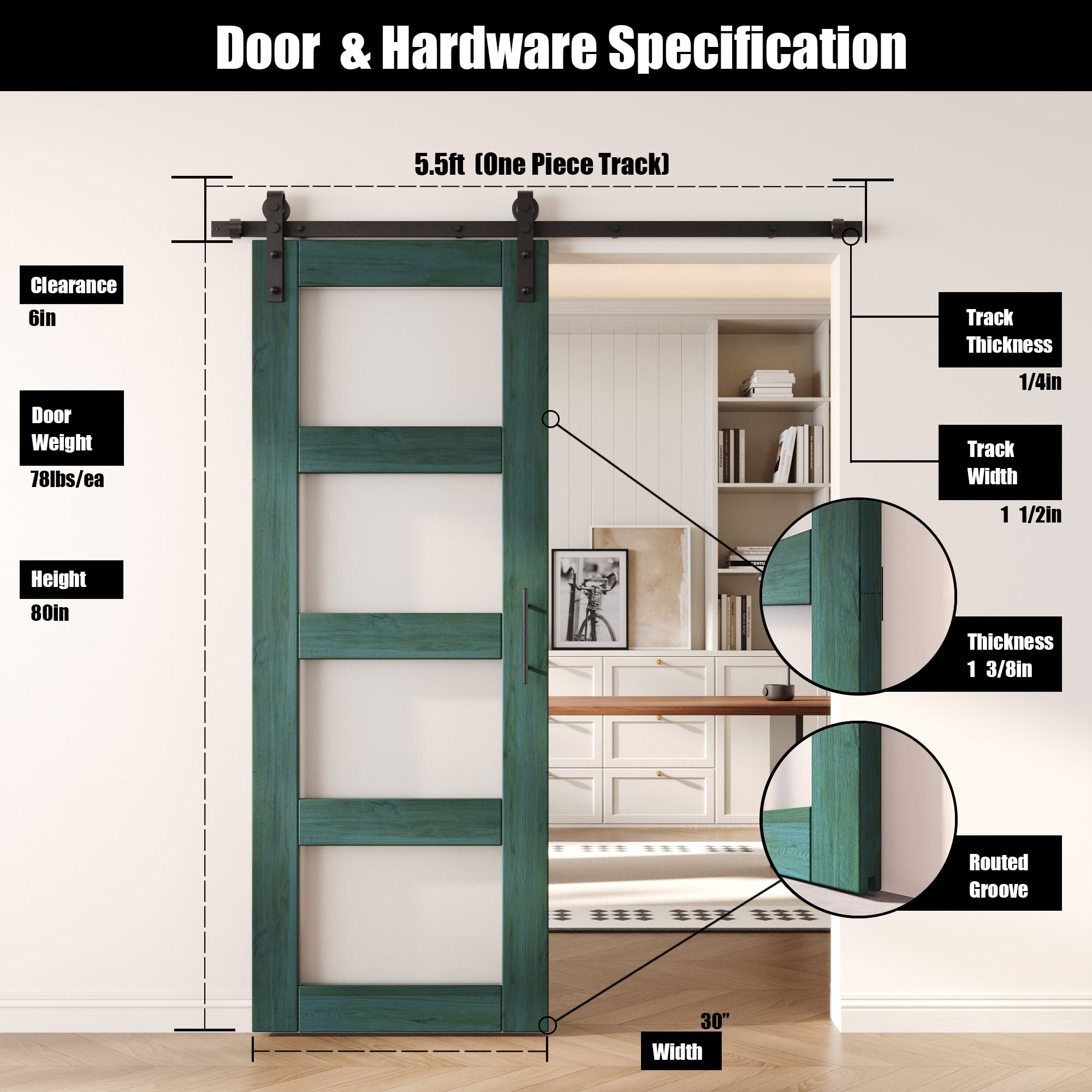 80" Height Royal Pine 4-Lite Frosted Glass Unassembled & Finished Pine Wood Barn Door with Non-Bypass Installation Hardware Kit (Interior Use Only)