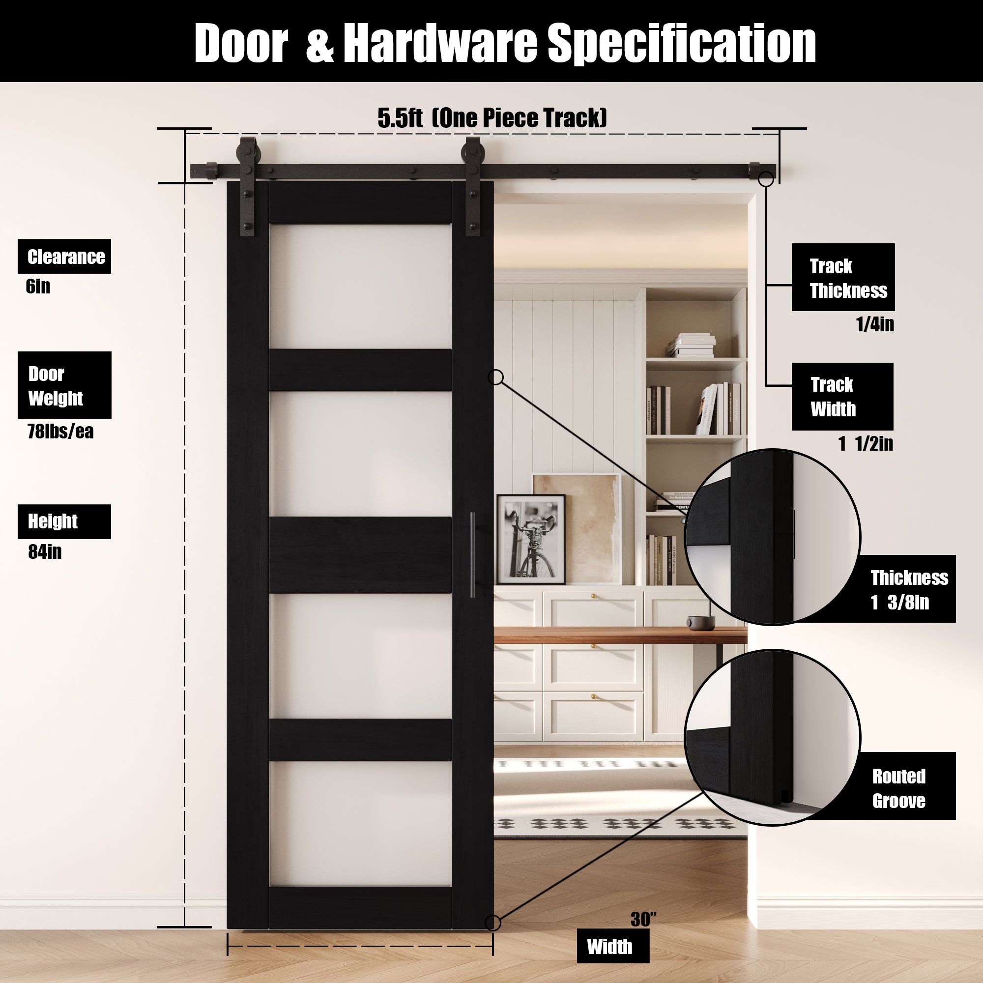 84" Height Black 4-Lite Frosted Glass Unassembled & Finished Pine Wood Barn Door with Non-Bypass Installation Hardware Kit (Interior Use Only)