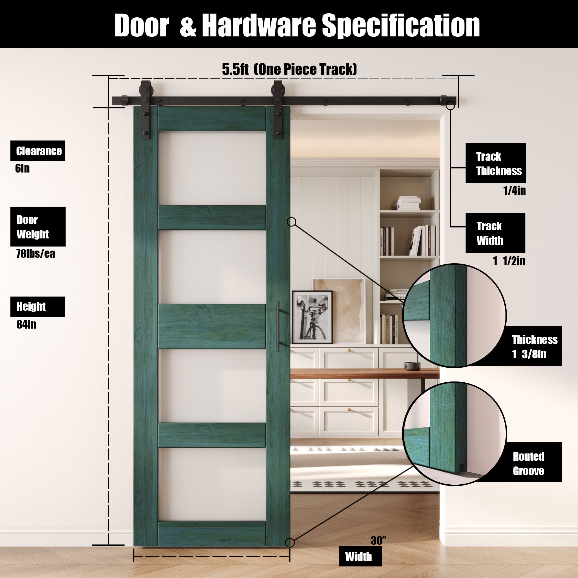 84" Height Royal Pine 4-Lite Frosted Glass Unassembled & Finished Pine Wood Barn Door with Non-Bypass Installation Hardware Kit (Interior Use Only)