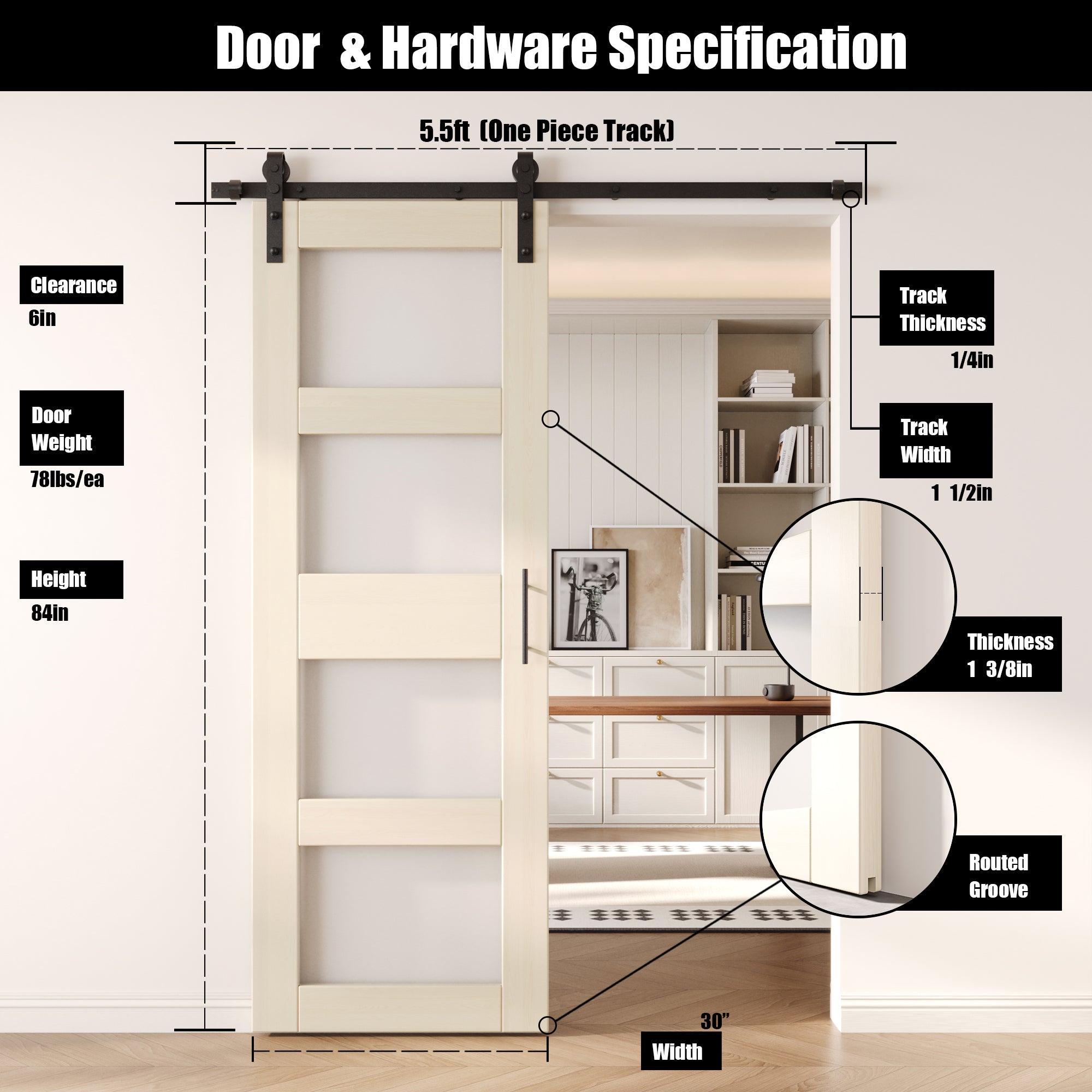 84" Height Tinsmith Gray 4-Lite Frosted Glass Unassembled & Finished Pine Wood Barn Door with Non-Bypass Installation Hardware Kit (Interior Use Only)