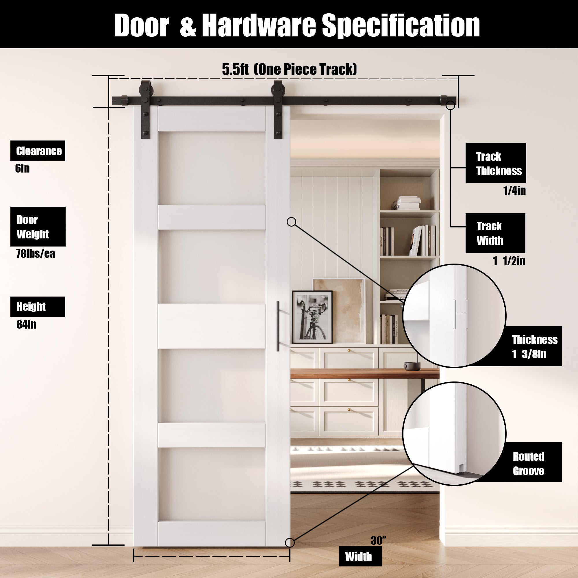 84" Height White 4-Lite Frosted Glass Unassembled & Finished Pine Wood Barn Door with Non-Bypass Installation Hardware Kit (Interior Use Only)
