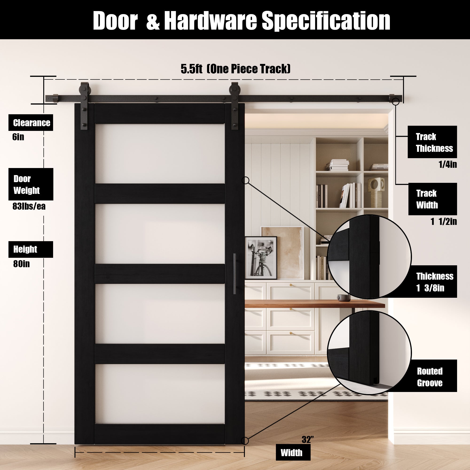 80" Height Black 4-Lite Frosted Glass Unassembled & Finished Pine Wood Barn Door with Non-Bypass Installation Hardware Kit (Interior Use Only)