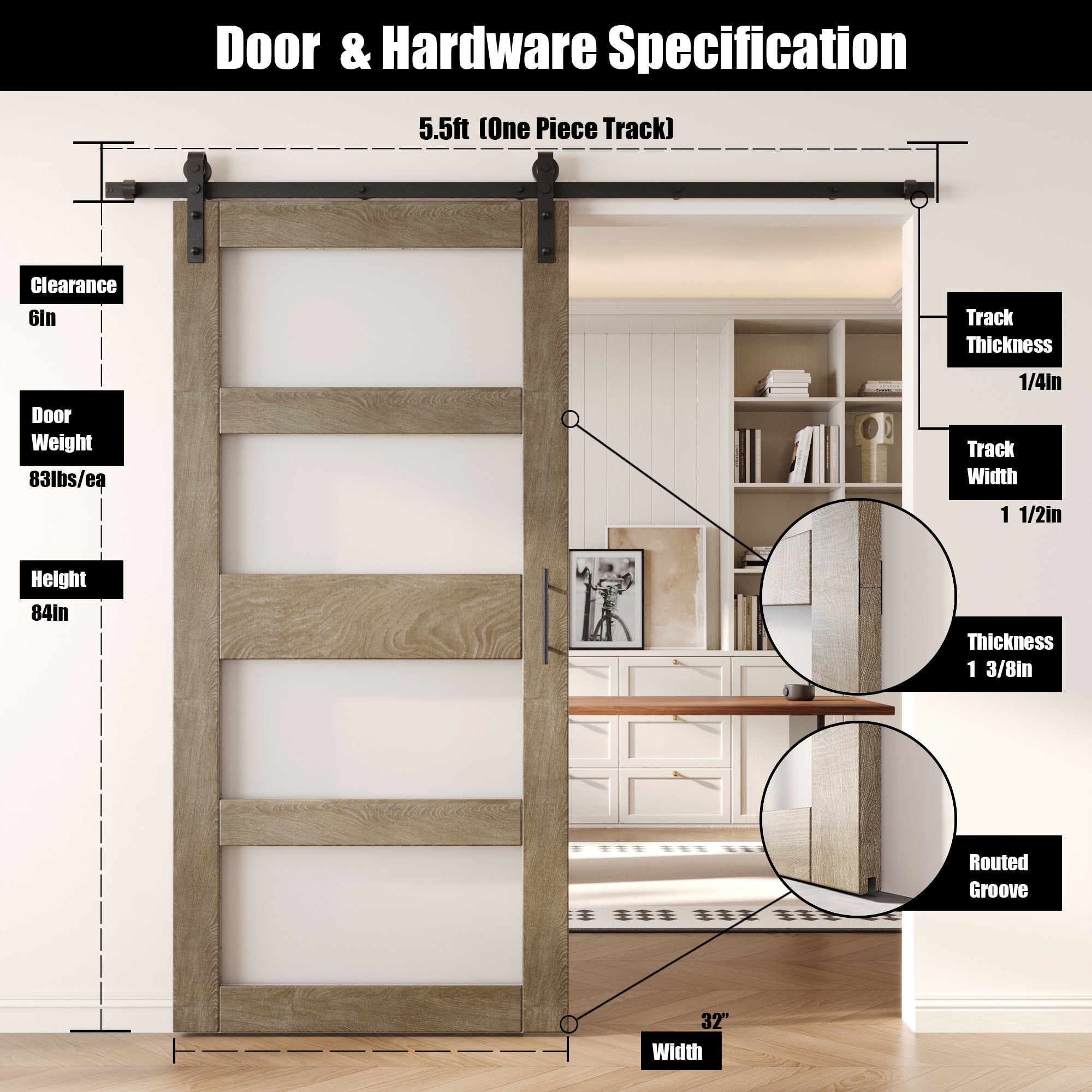 84" Height Classic Gray 4-Lite Frosted Glass Unassembled & Finished Pine Wood Barn Door with Non-Bypass Installation Hardware Kit (Interior Use Only)