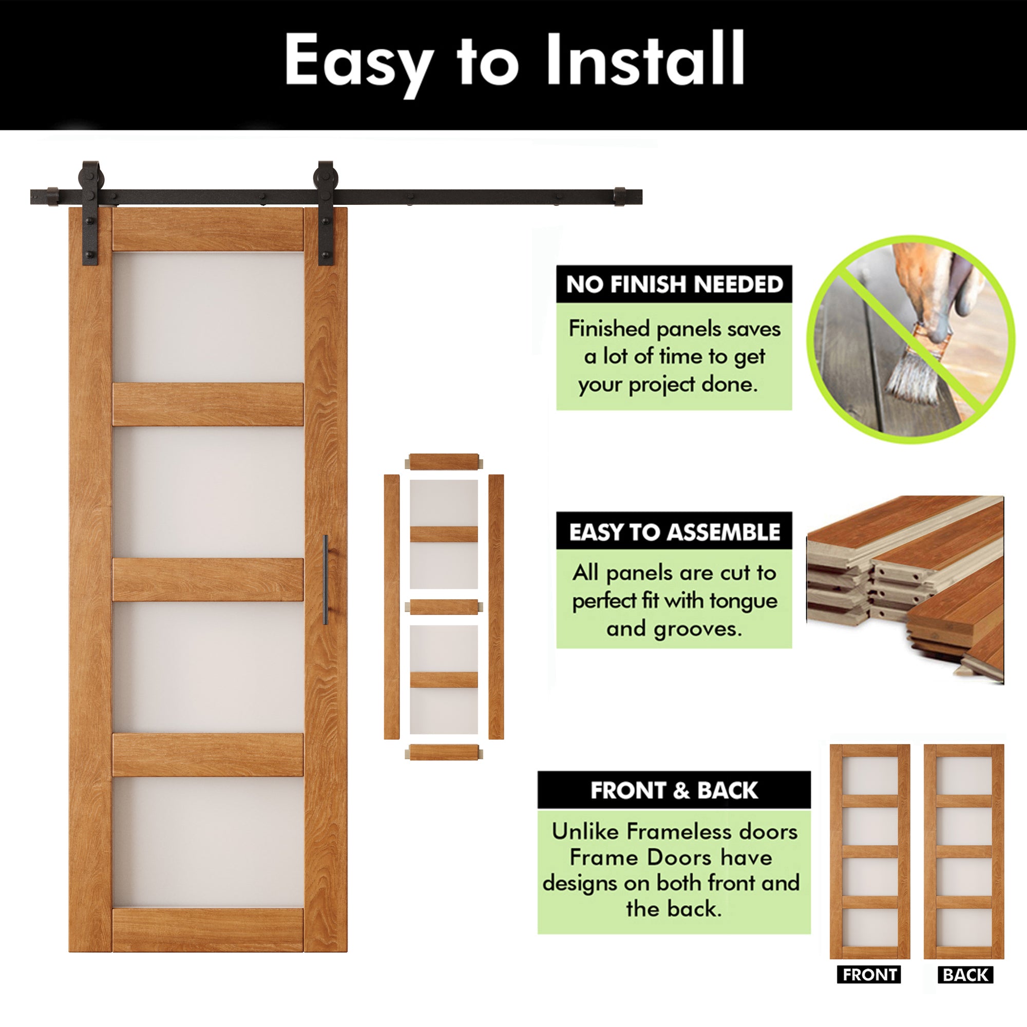80" Height Early American 4-Lite Frosted Glass Unassembled & Finished Pine Wood Barn Door with Non-Bypass Installation Hardware Kit (Interior Use Only)