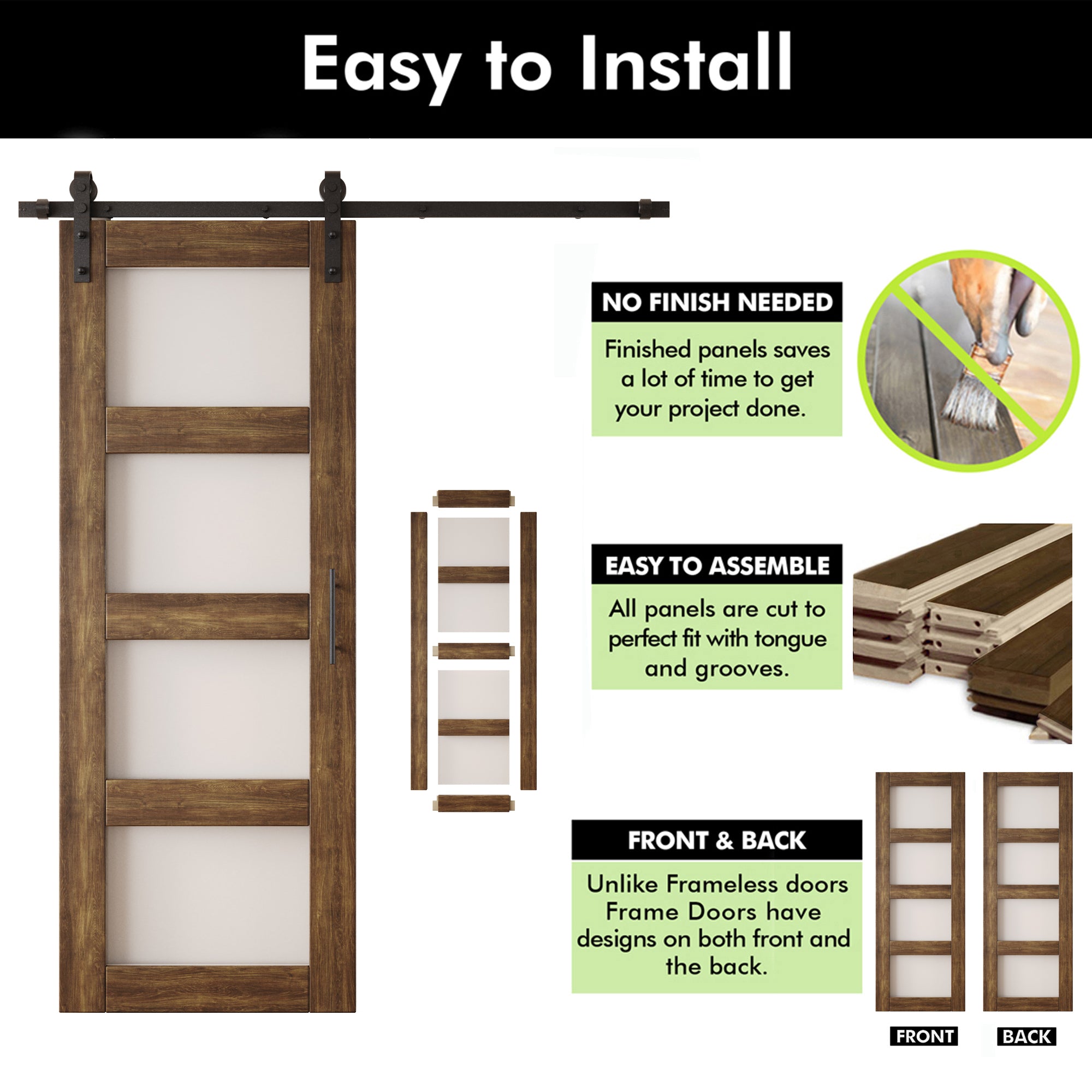 80" Height Dark Walnut 4-Lite Frosted Glass Unassembled & Finished Pine Wood Barn Door with Non-Bypass Installation Hardware Kit (Interior Use Only)