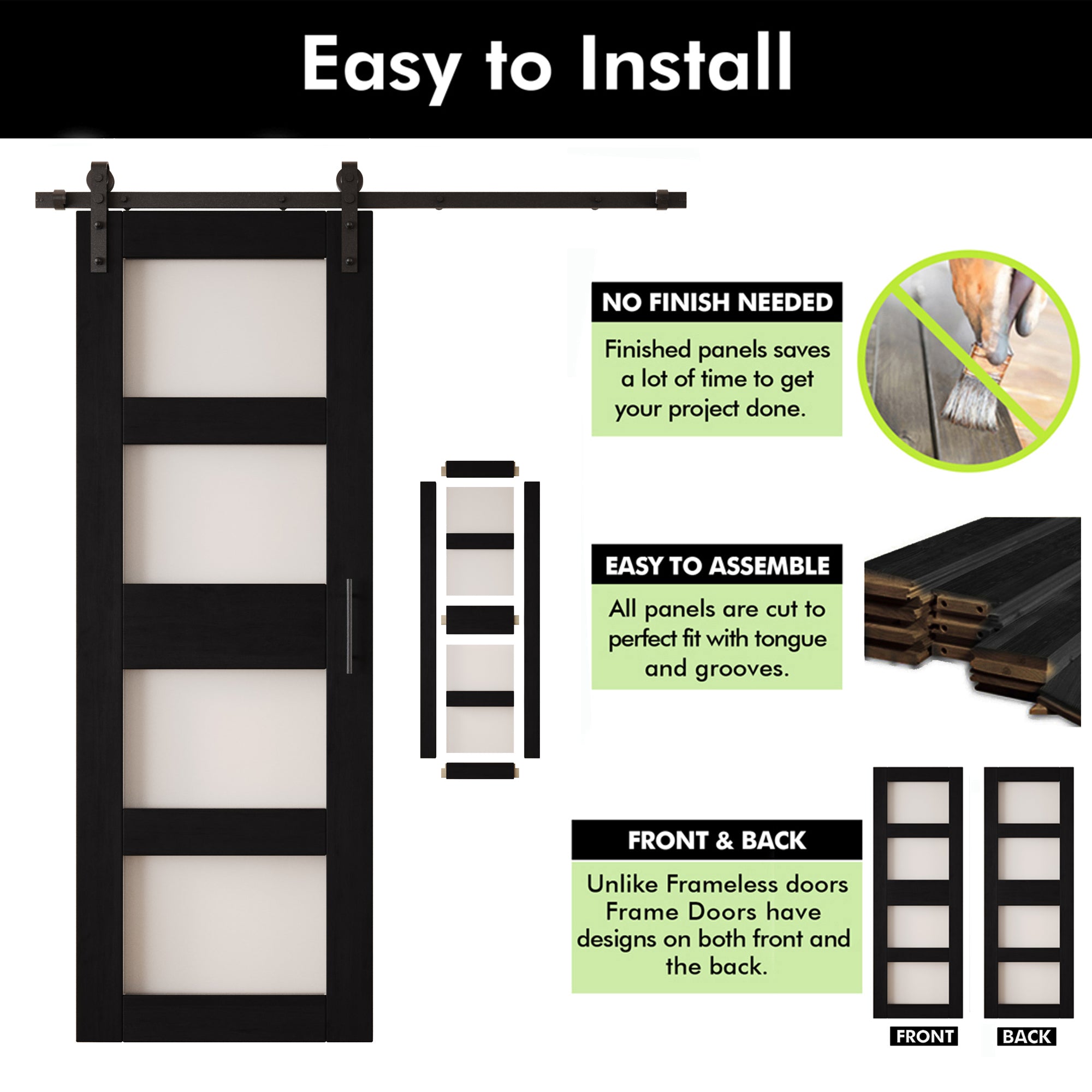 84" Height Black 4-Lite Frosted Glass Unassembled & Finished Pine Wood Barn Door with Non-Bypass Installation Hardware Kit (Interior Use Only)