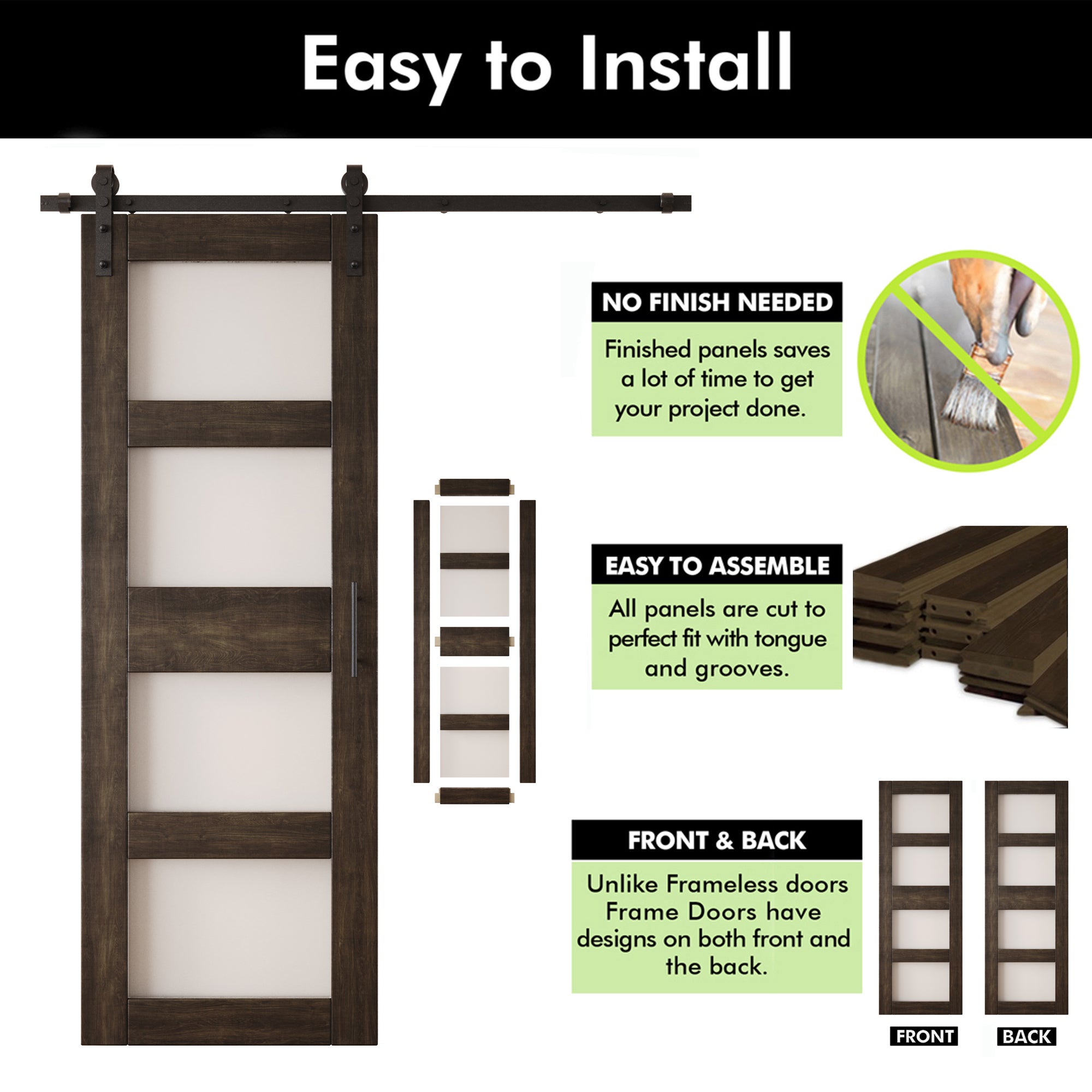 84" Height Ebony 4-Lite Frosted Glass Unassembled & Finished Pine Wood Barn Door with Non-Bypass Installation Hardware Kit (Interior Use Only)