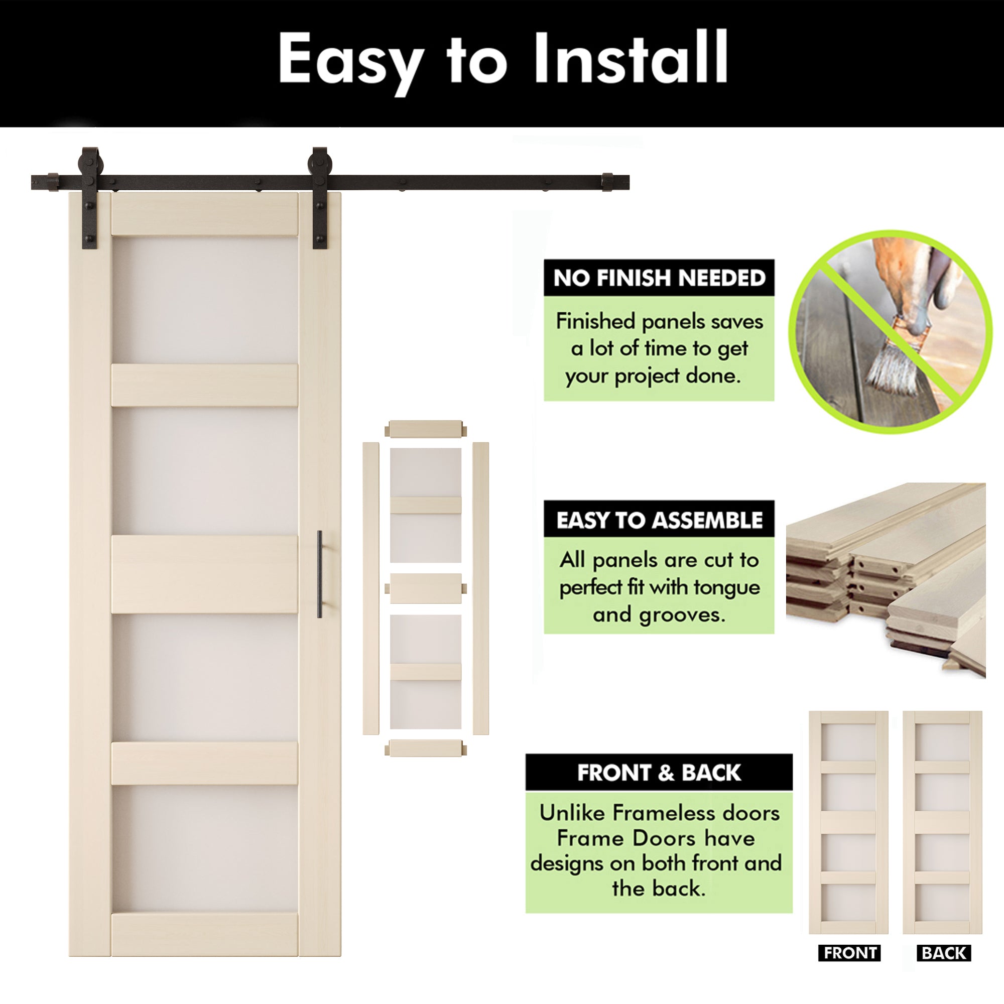 84" Height Tinsmith Gray 4-Lite Frosted Glass Unassembled & Finished Pine Wood Barn Door with Non-Bypass Installation Hardware Kit (Interior Use Only)