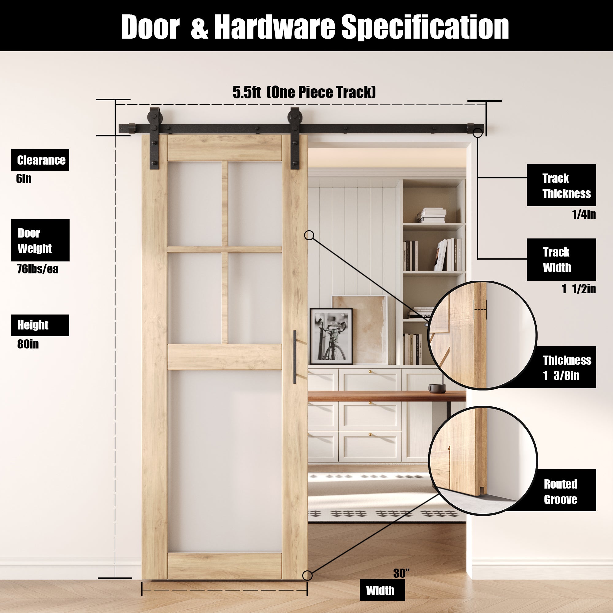 80" Height 5-Lite Frosted Glass Unassembled & Unfinished Pine Wood Barn Door with Non-Bypass Installation Hardware Kit (Interior Use Only)