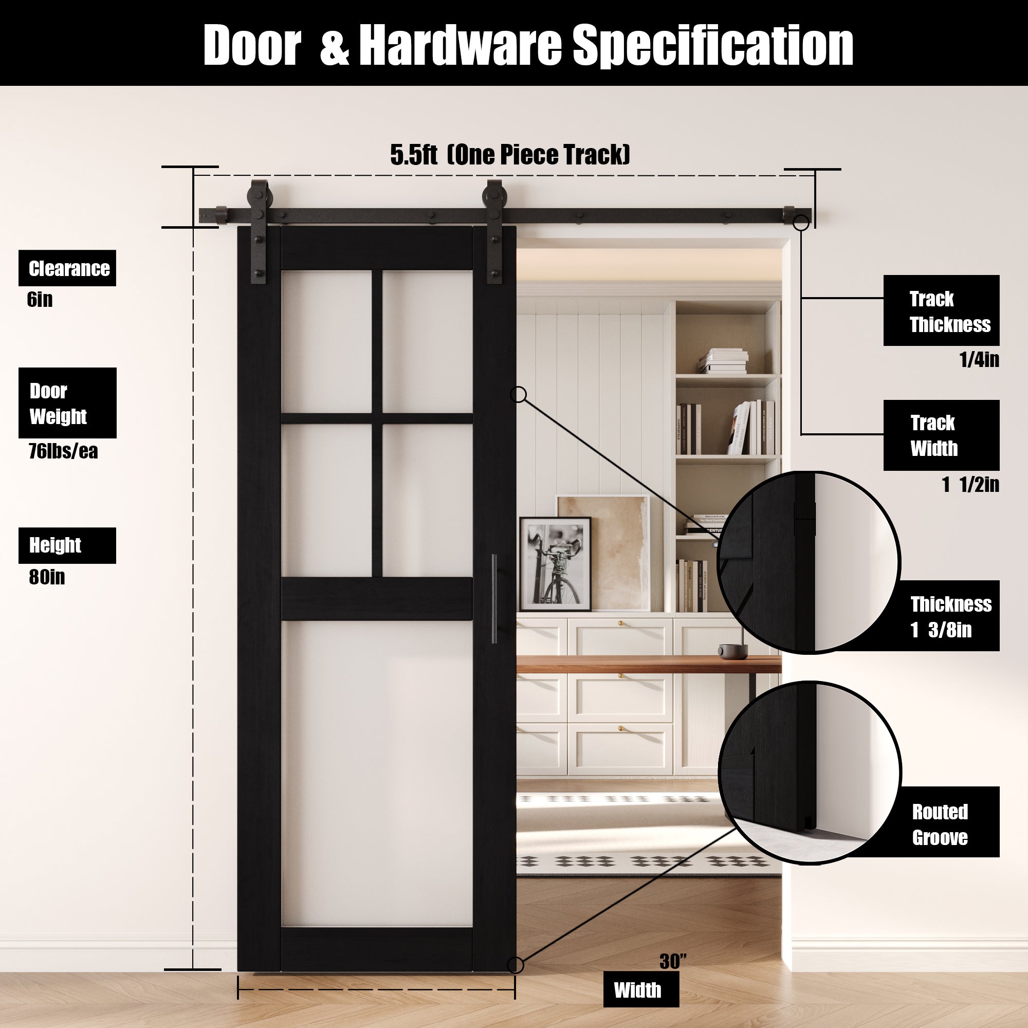 80" Height Black 5-Lite Frosted Glass Unassembled & Finished Pine Wood Barn Door with Non-Bypass Installation Hardware Kit (Interior Use Only)