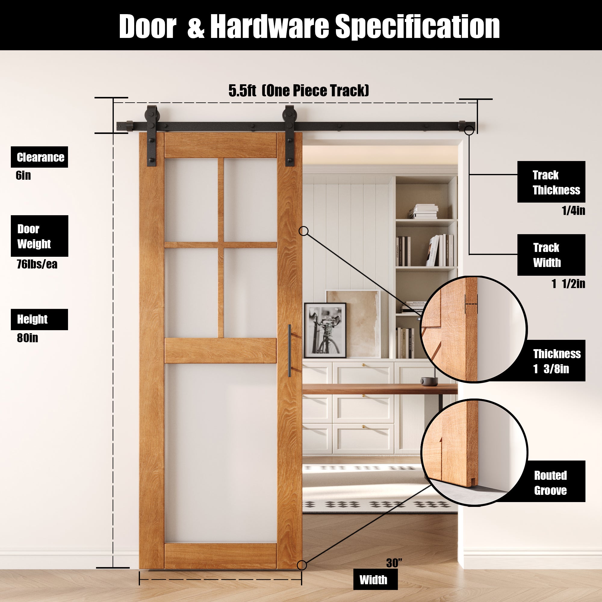 80" Height Early American 5-Lite Frosted Glass Unassembled & Finished Pine Wood Barn Door with Non-Bypass Installation Hardware Kit (Interior Use Only)