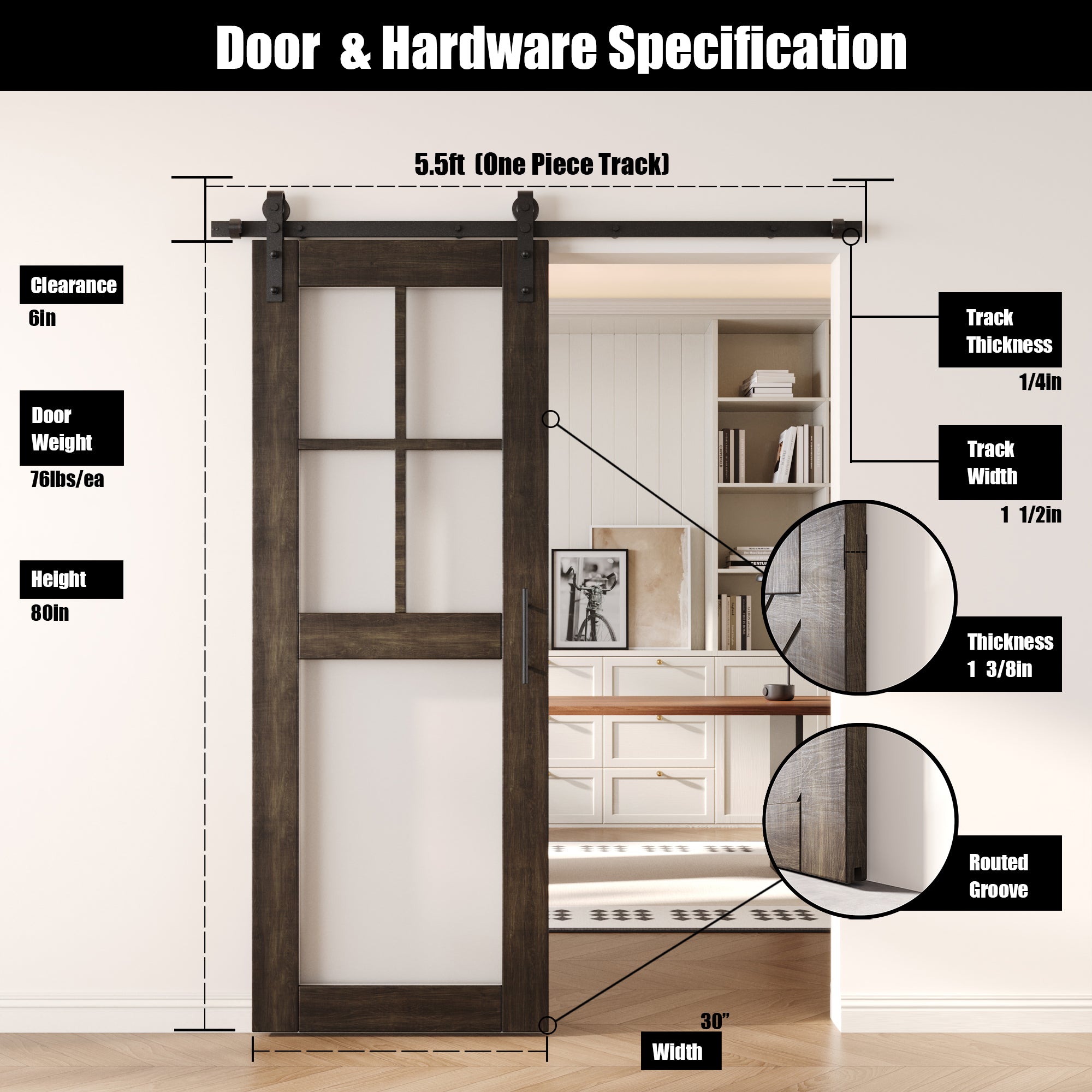 80" Height Ebony 5-Lite Frosted Glass Unassembled & Finished Pine Wood Barn Door with Non-Bypass Installation Hardware Kit (Interior Use Only)