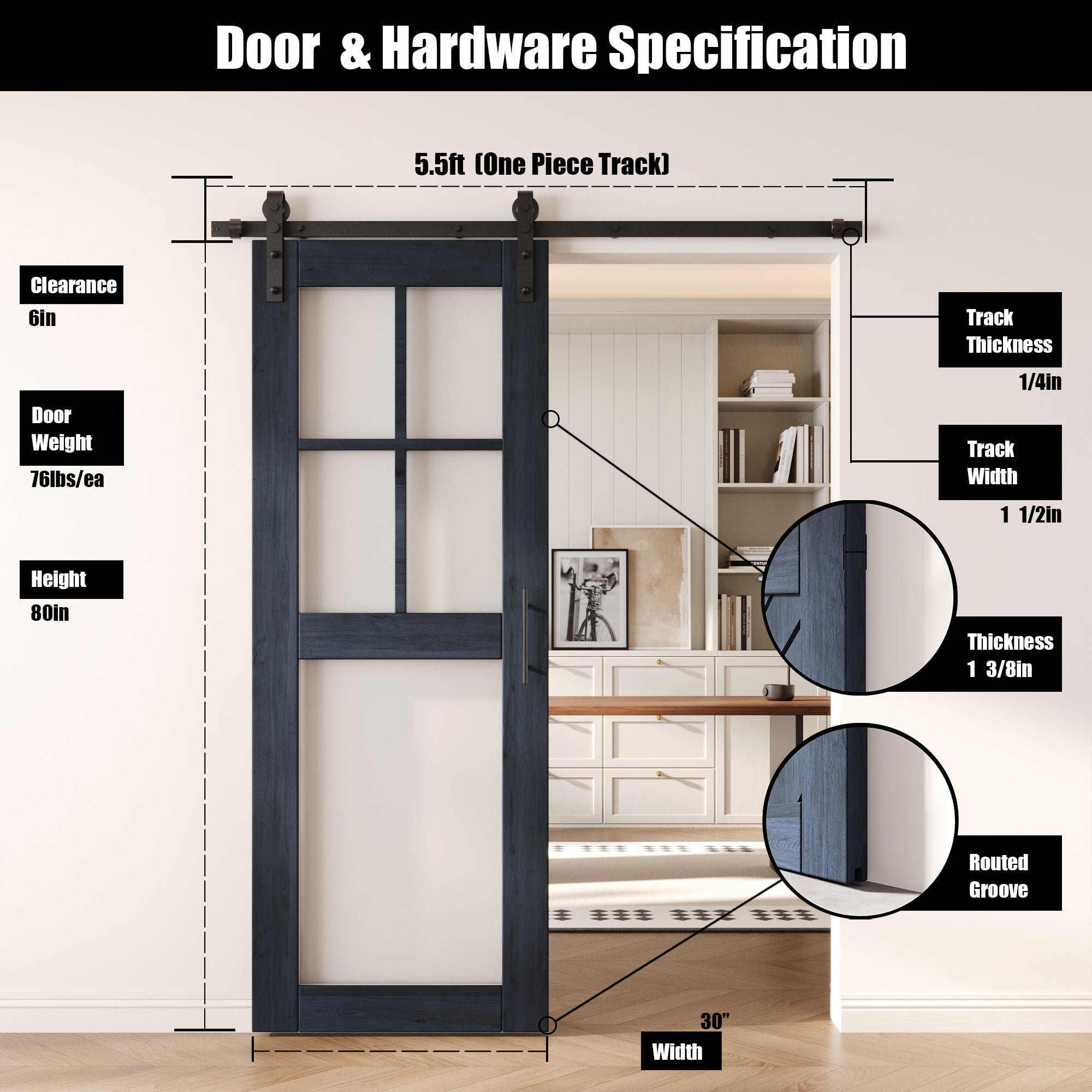 80" Height Navy 5-Lite Frosted Glass Unassembled & Finished Pine Wood Barn Door with Non-Bypass Installation Hardware Kit (Interior Use Only)