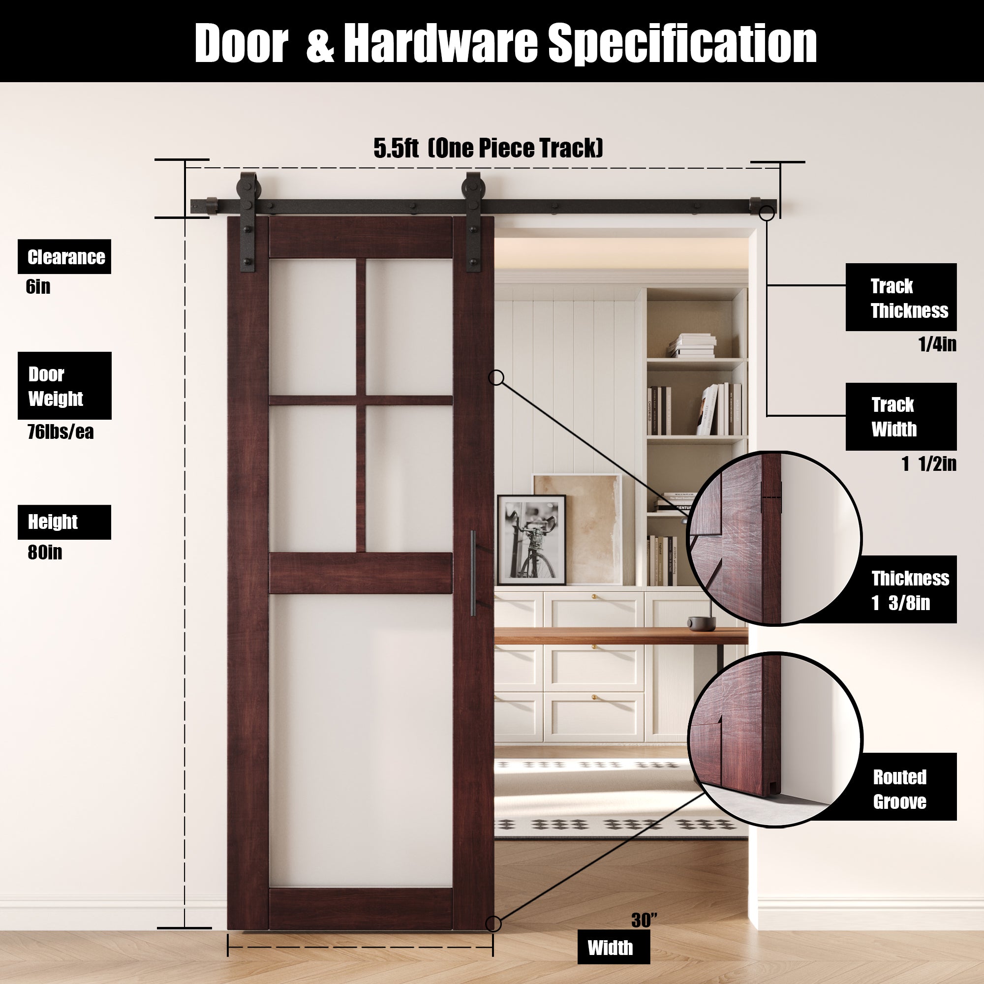 80" Height Red Mahogany 5-Lite Frosted Glass Unassembled & Finished Pine Wood Barn Door with Non-Bypass Installation Hardware Kit (Interior Use Only)