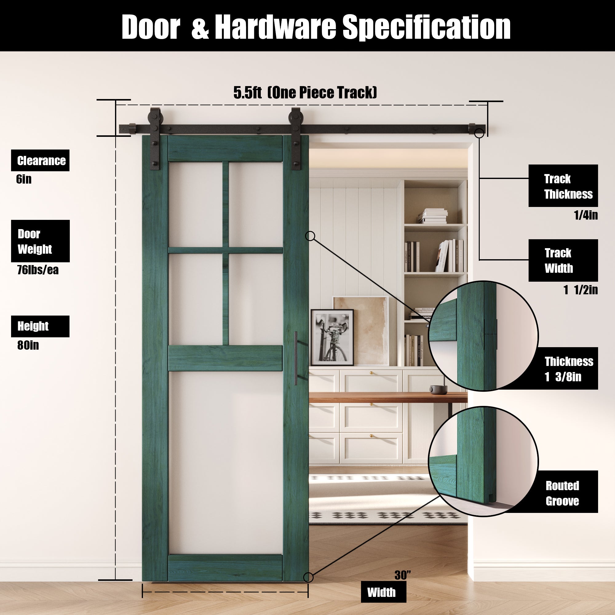 80" Height Royal Pine 5-Lite Frosted Glass Unassembled & Finished Pine Wood Barn Door with Non-Bypass Installation Hardware Kit (Interior Use Only)
