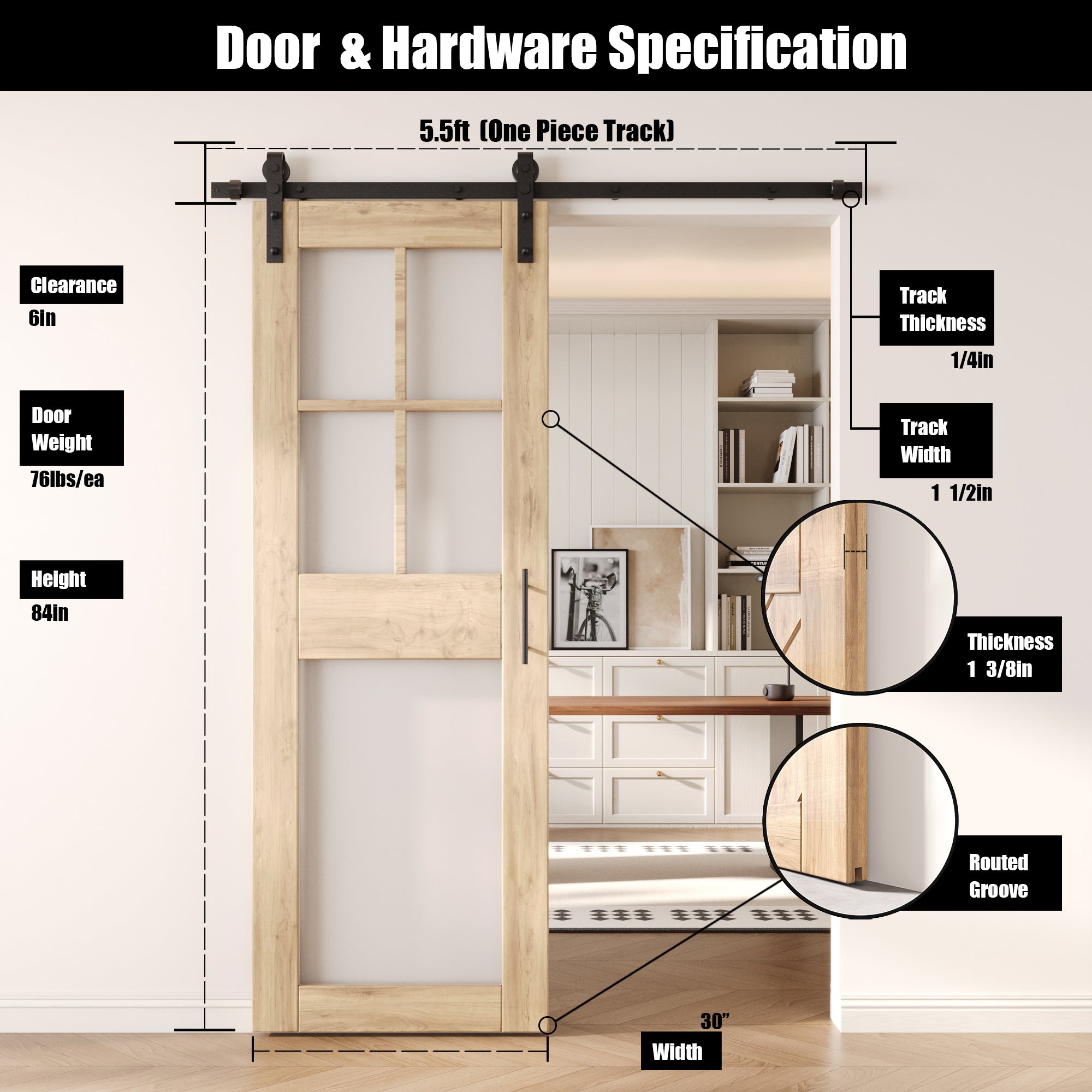 84" Height 5-Lite Frosted Glass Unassembled & Unfinished Pine Wood Barn Door with Non-Bypass Installation Hardware Kit (Interior Use Only)