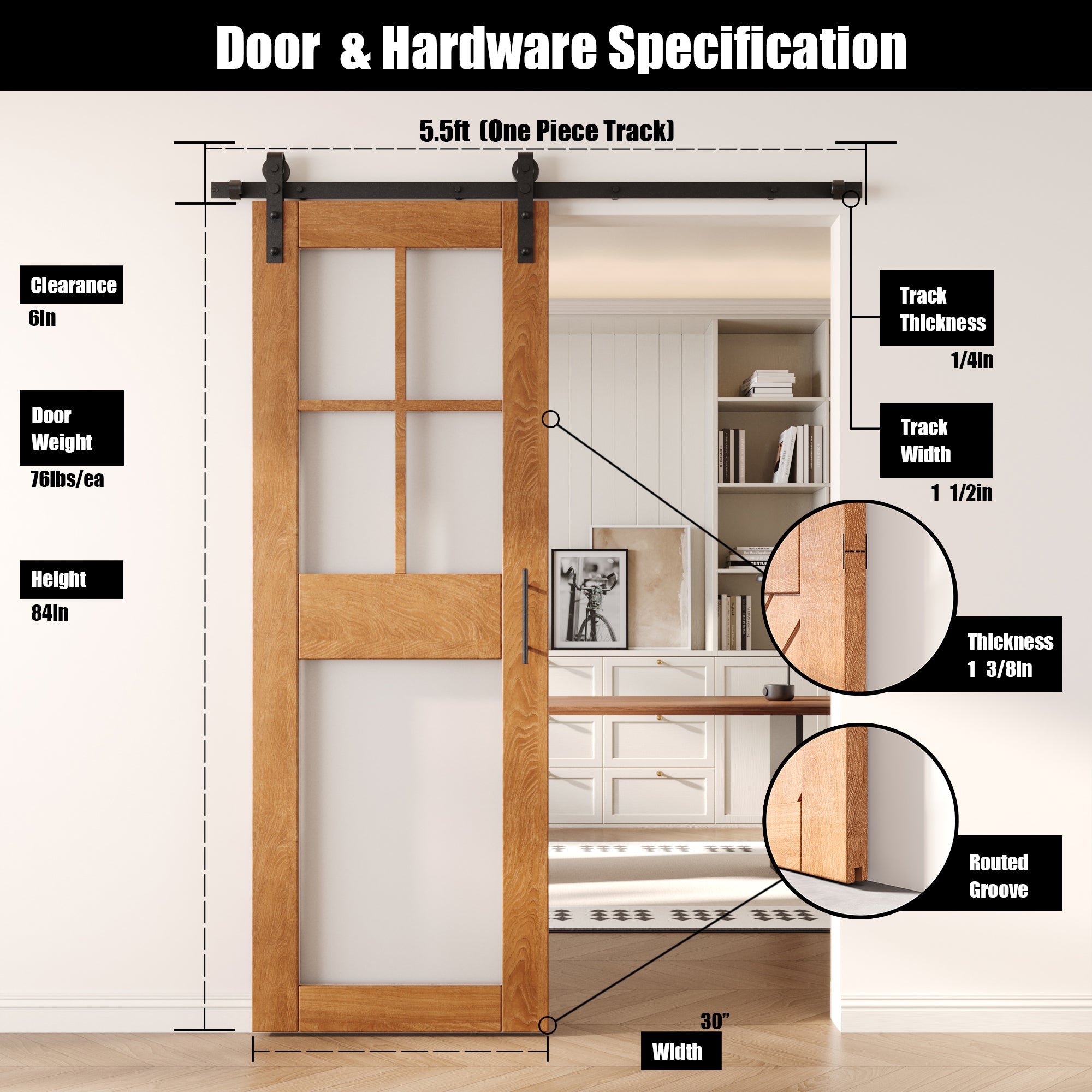 84" Height Early American 5-Lite Frosted Glass Unassembled & Finished Pine Wood Barn Door with Non-Bypass Installation Hardware Kit (Interior Use Only)