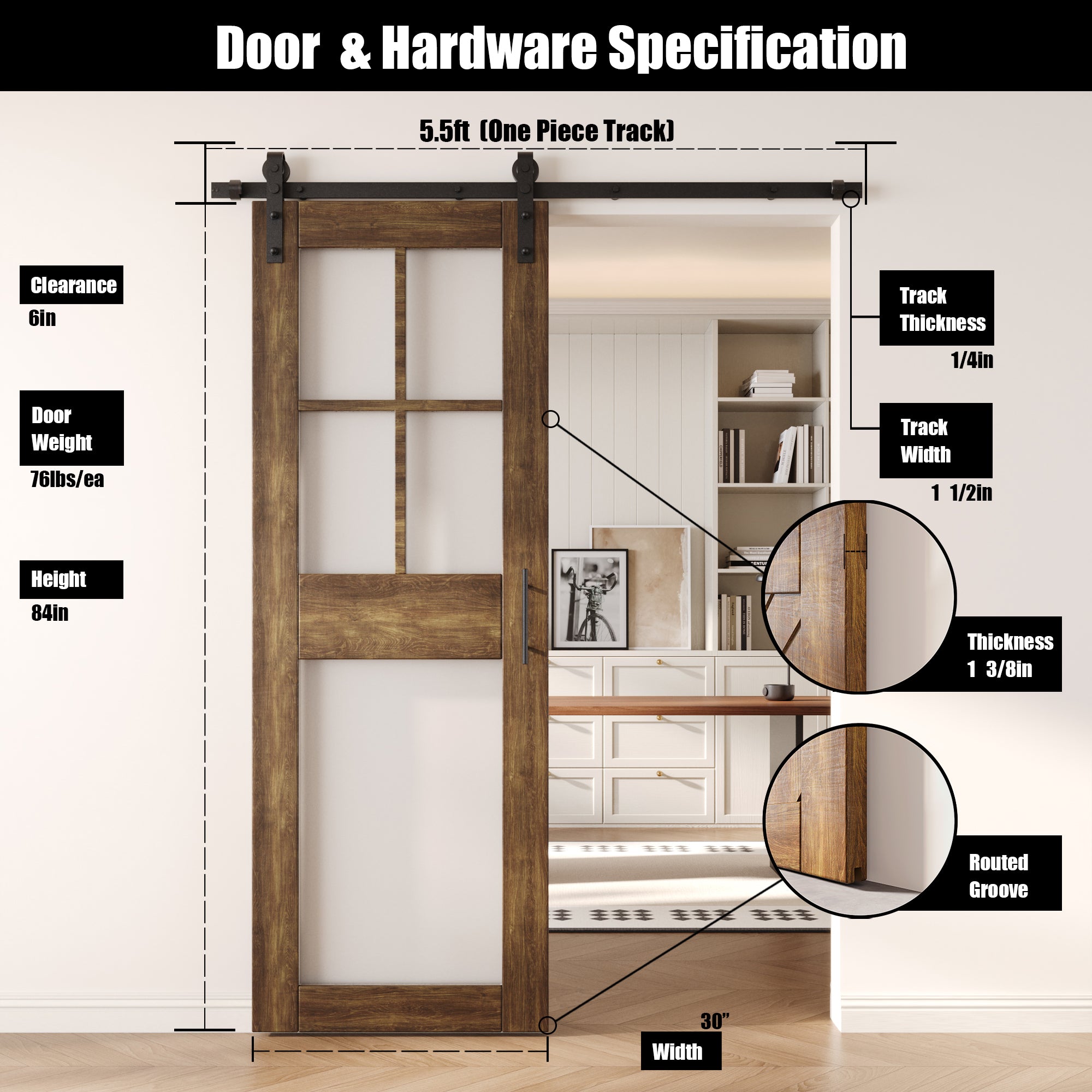 84" Height Dark Walnut 5-Lite Frosted Glass Unassembled & Finished Pine Wood Barn Door with Non-Bypass Installation Hardware Kit (Interior Use Only)