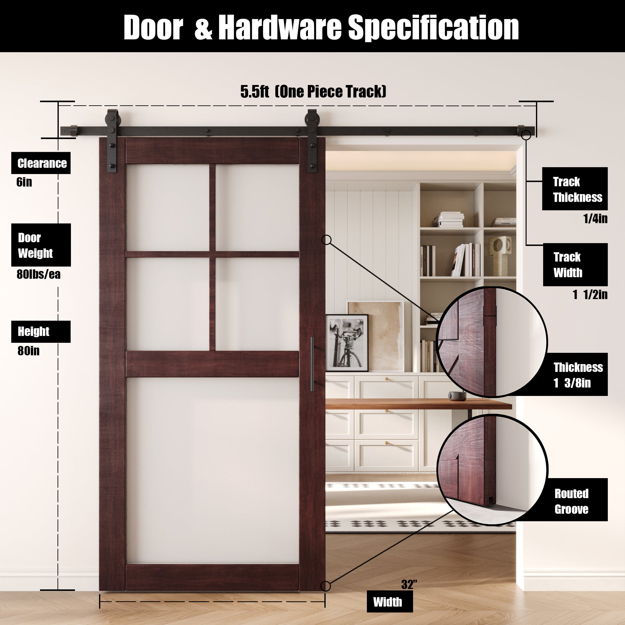 80" Height Red Mahogany 5-Lite Frosted Glass Unassembled & Finished Pine Wood Barn Door with Non-Bypass Installation Hardware Kit (Interior Use Only)