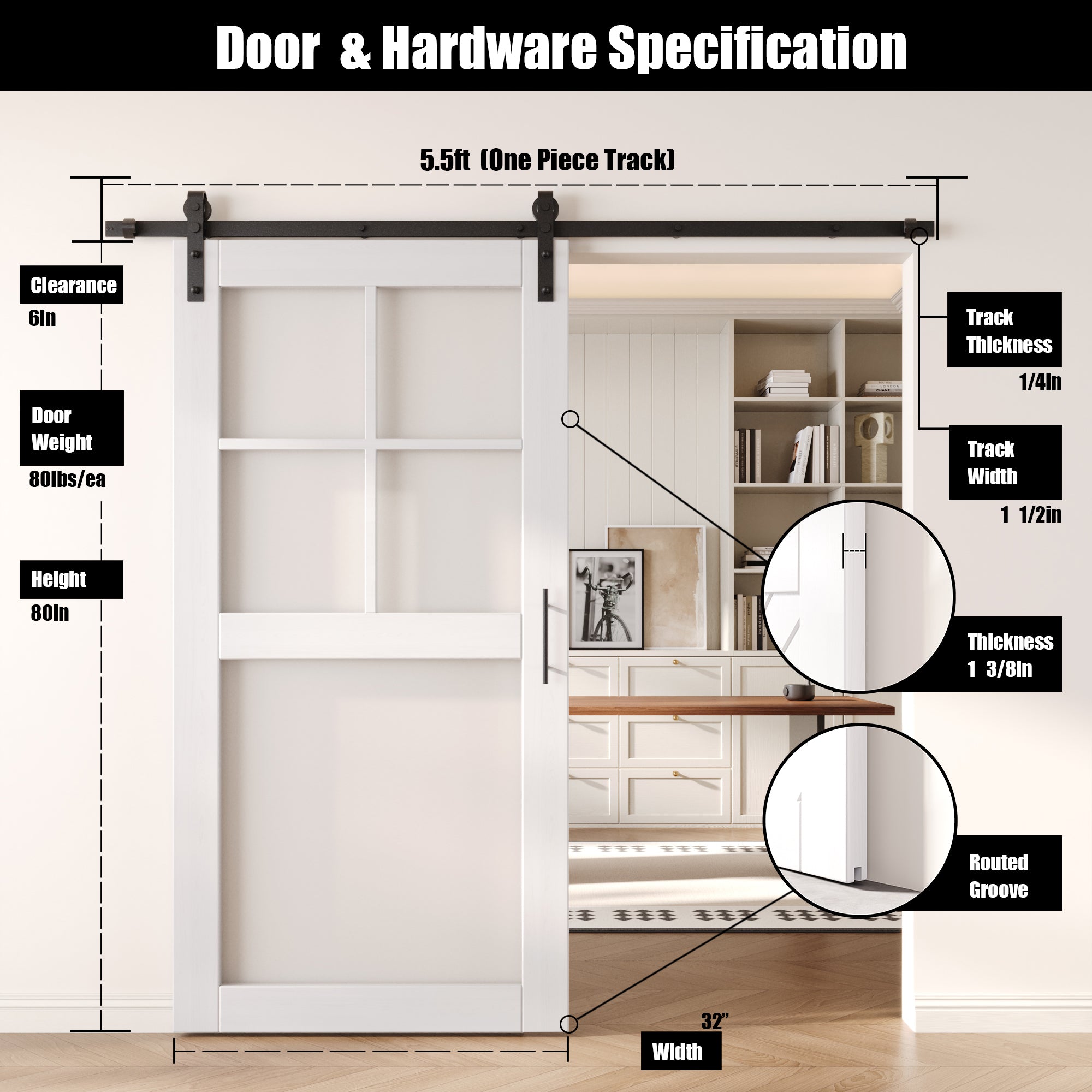 80" Height White 5-Lite Frosted Glass Unassembled & Finished Pine Wood Barn Door with Non-Bypass Installation Hardware Kit (Interior Use Only)