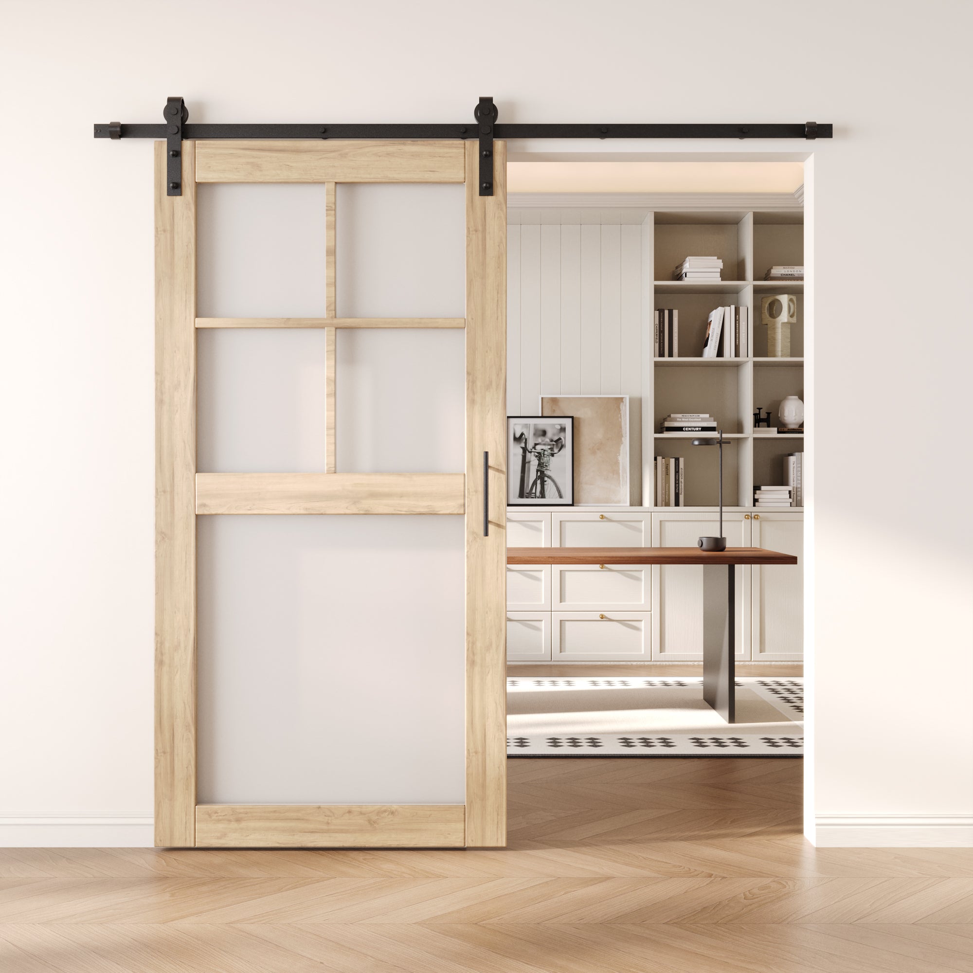 80" Height 5-Lite Frosted Glass Unassembled & Unfinished Pine Wood Barn Door with Non-Bypass Installation Hardware Kit (Interior Use Only)