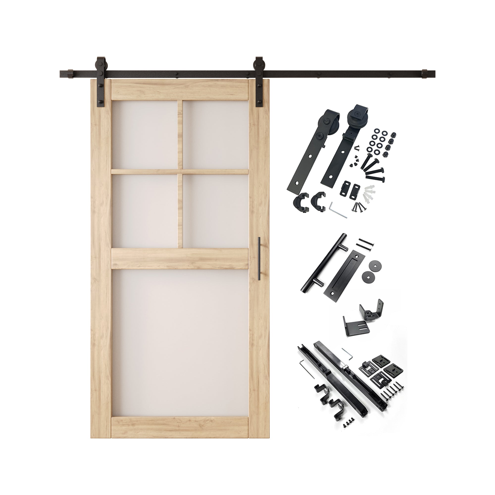 80" Height 5-Lite Frosted Glass Unassembled & Unfinished Pine Wood Barn Door with Non-Bypass Installation Hardware Kit (Interior Use Only)
