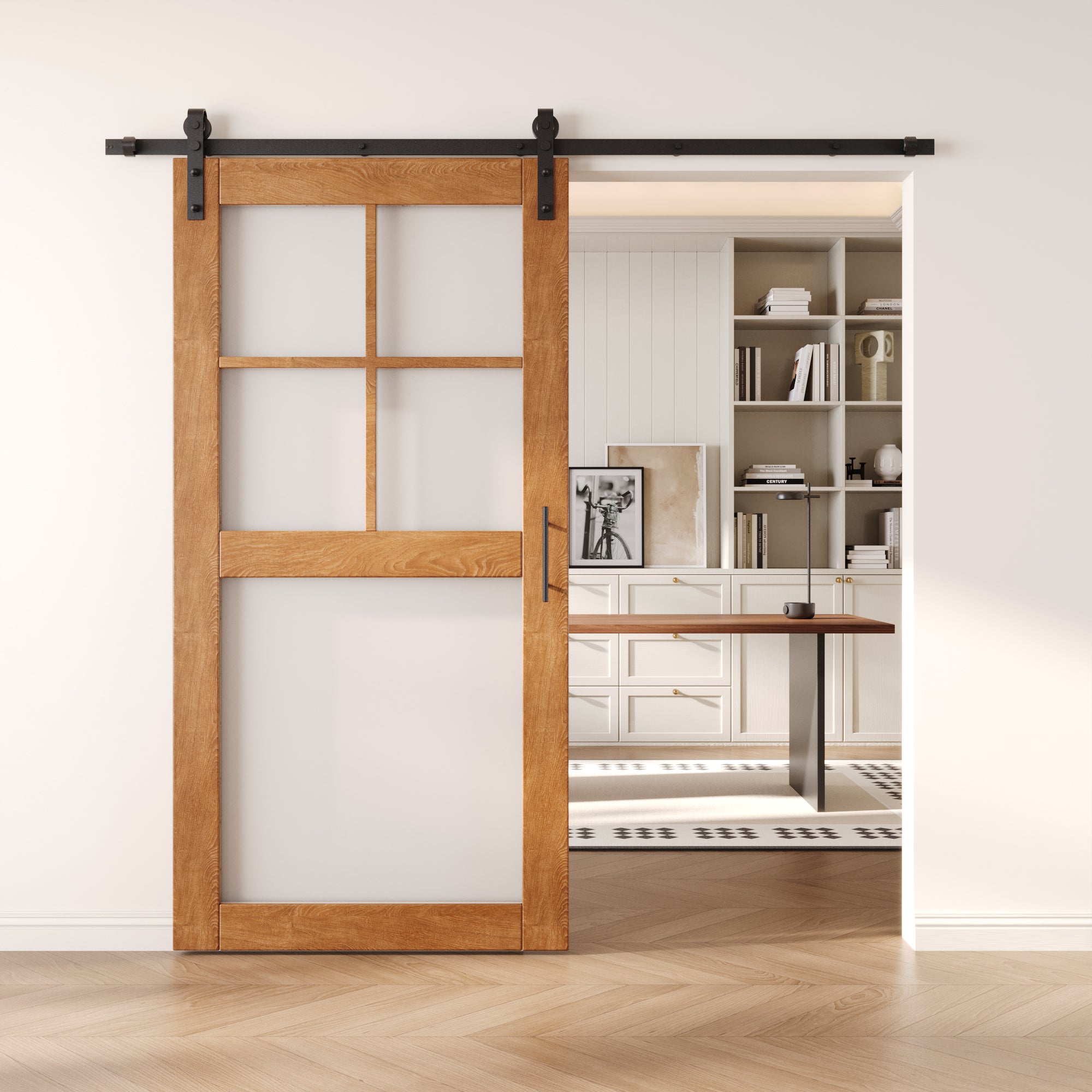 80" Height Early American 5-Lite Frosted Glass Unassembled & Finished Pine Wood Barn Door with Non-Bypass Installation Hardware Kit (Interior Use Only)