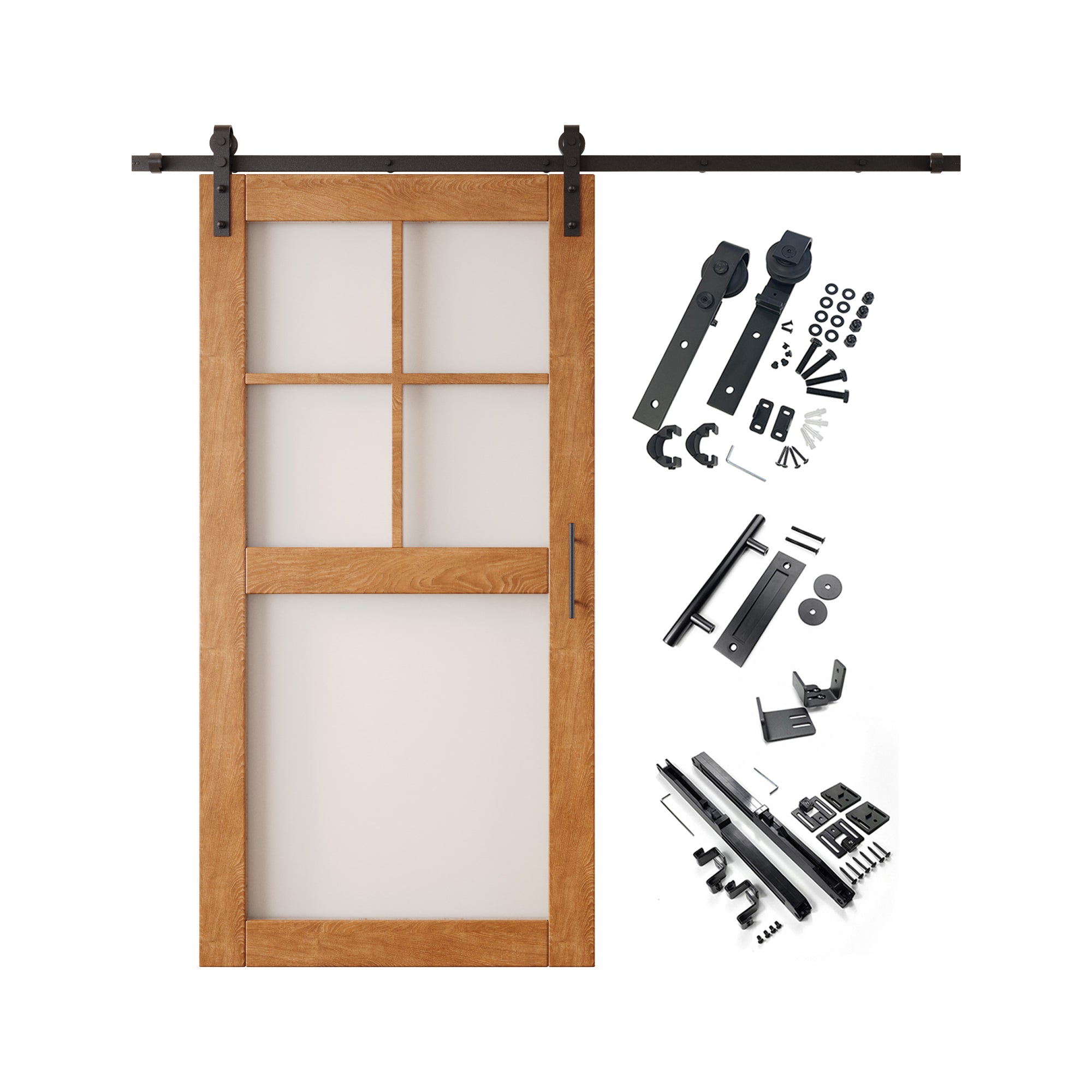 80" Height Early American 5-Lite Frosted Glass Unassembled & Finished Pine Wood Barn Door with Non-Bypass Installation Hardware Kit (Interior Use Only)