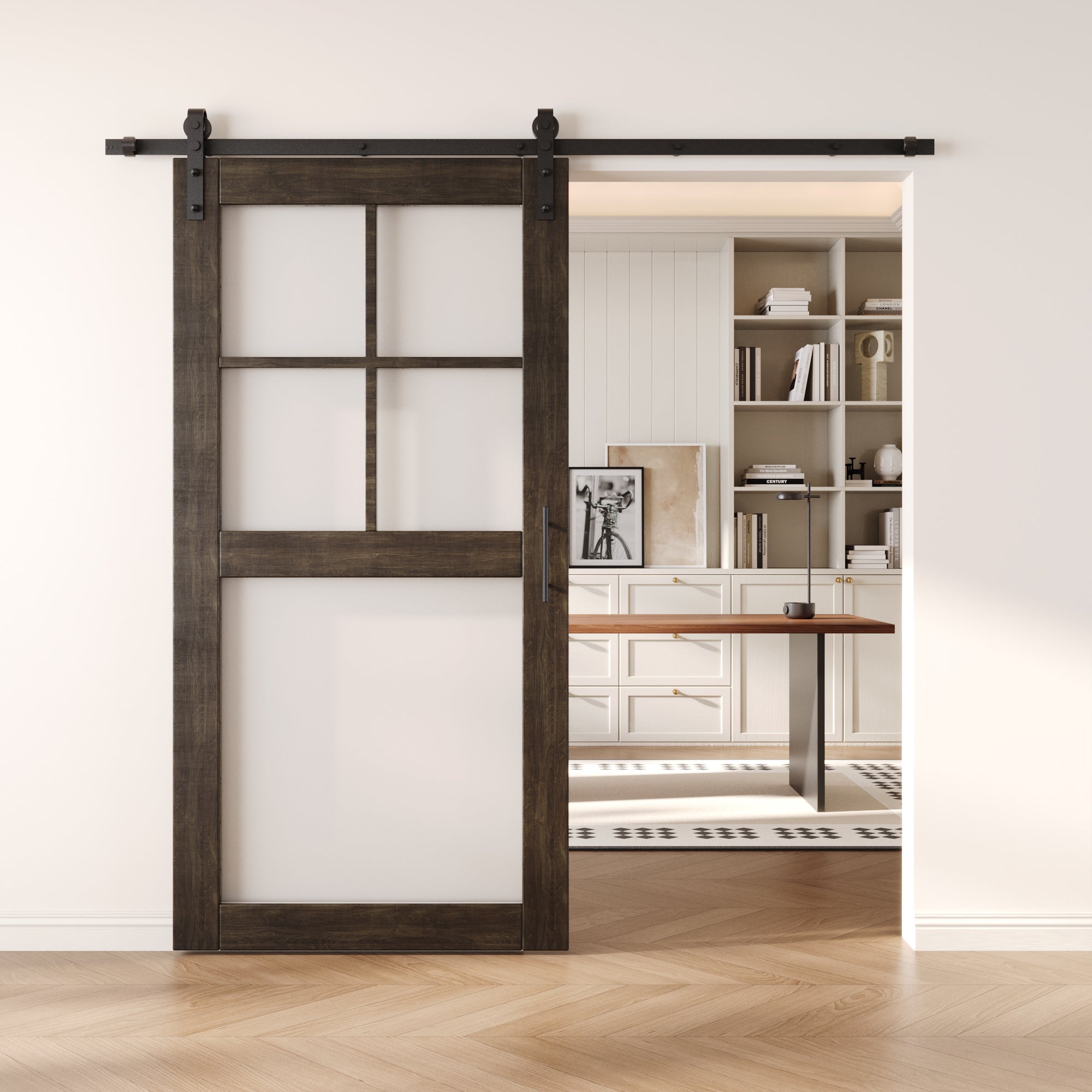 80" Height Ebony 5-Lite Frosted Glass Unassembled & Finished Pine Wood Barn Door with Non-Bypass Installation Hardware Kit (Interior Use Only)