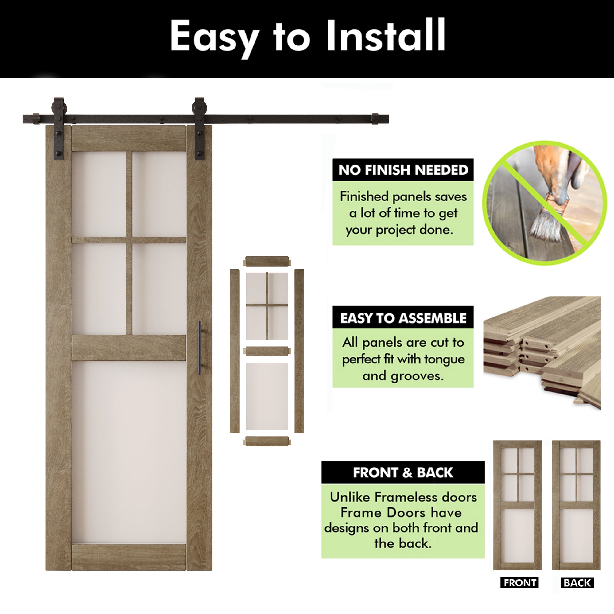 80" Height Classic Gray 5-Lite Frosted Glass Unassembled & Finished Pine Wood Barn Door with Non-Bypass Installation Hardware Kit (Interior Use Only)